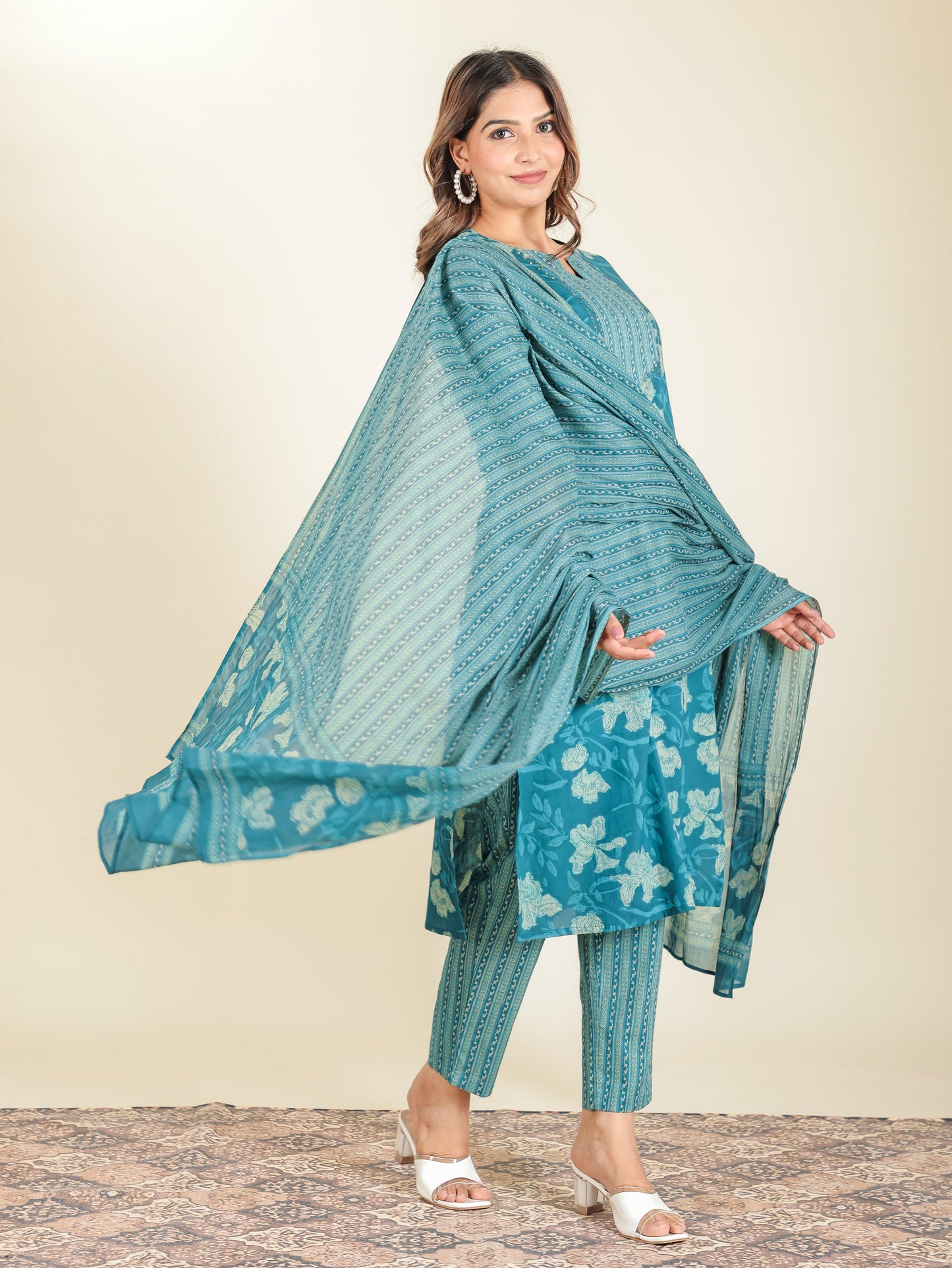 Cotton Voile Striped Teal Dupatta