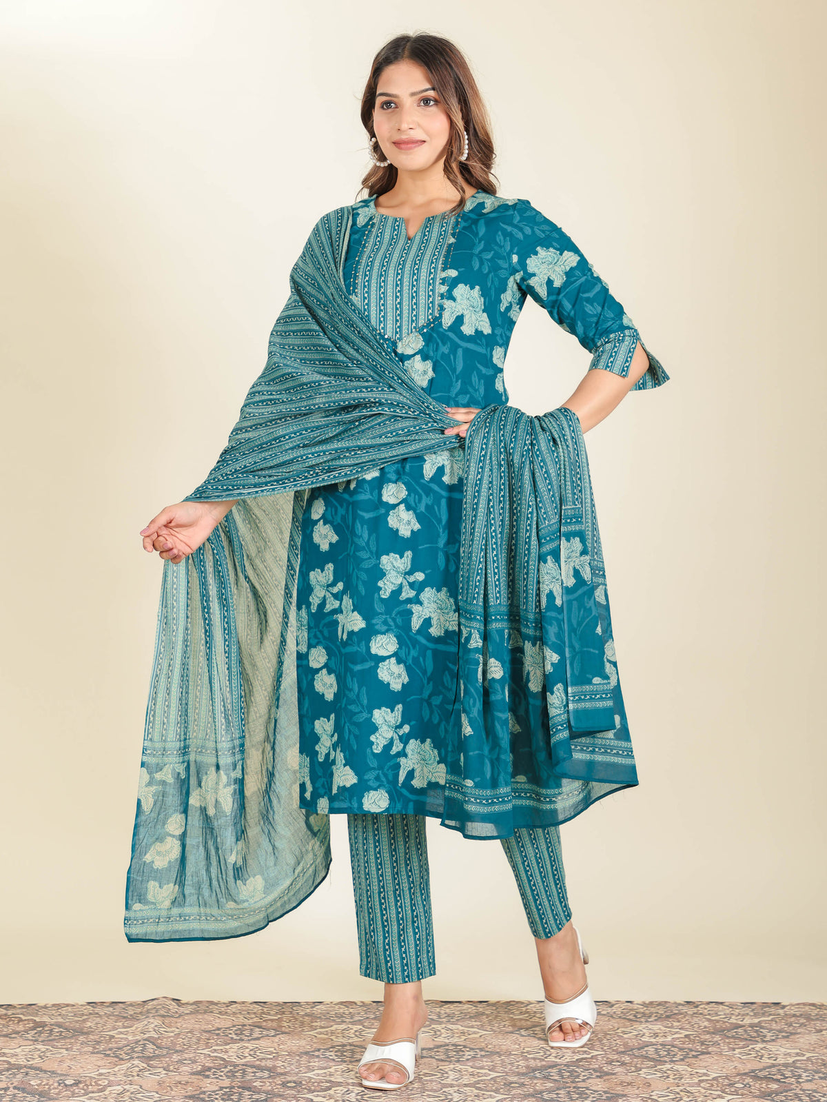 Soft Cotton Floral Straight Teal Kurta