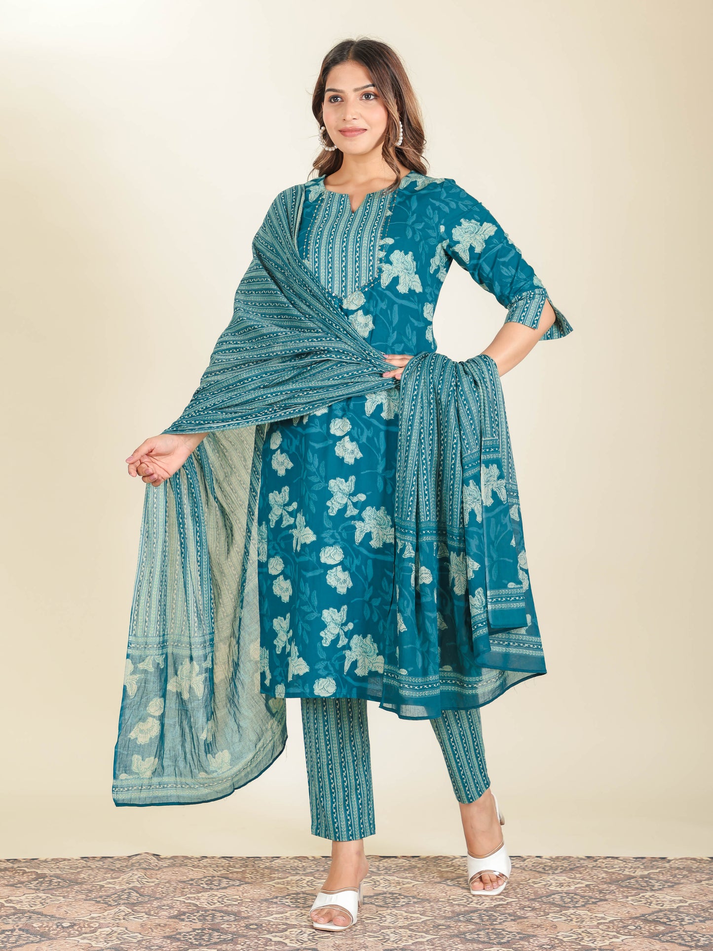 Soft Cotton Floral Straight Teal Kurta