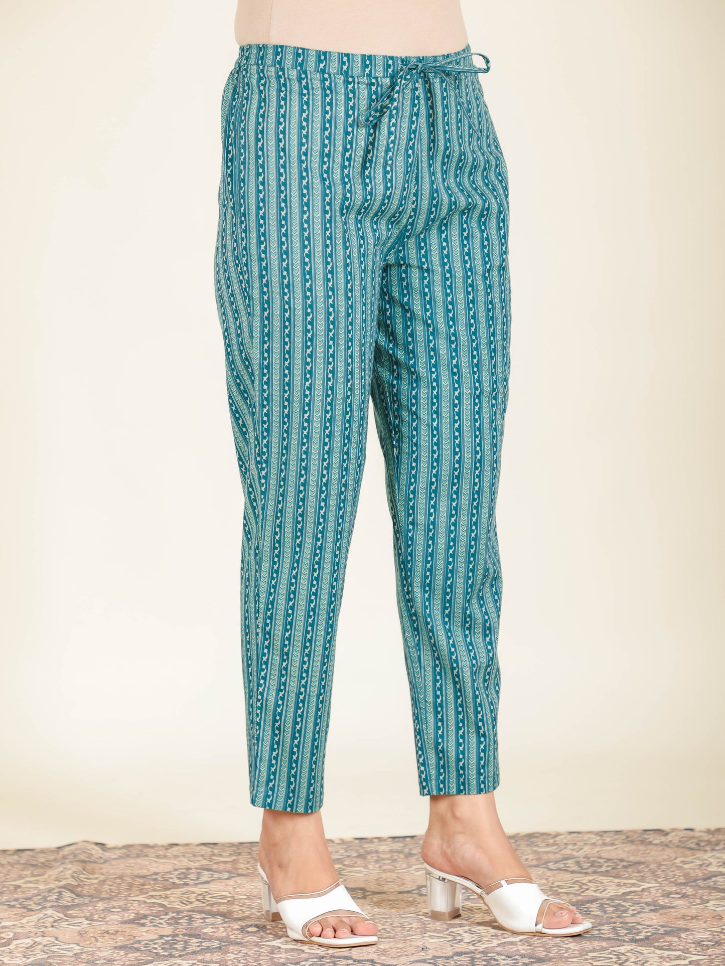 Soft Cotton Striped Teal Tapered Trousers