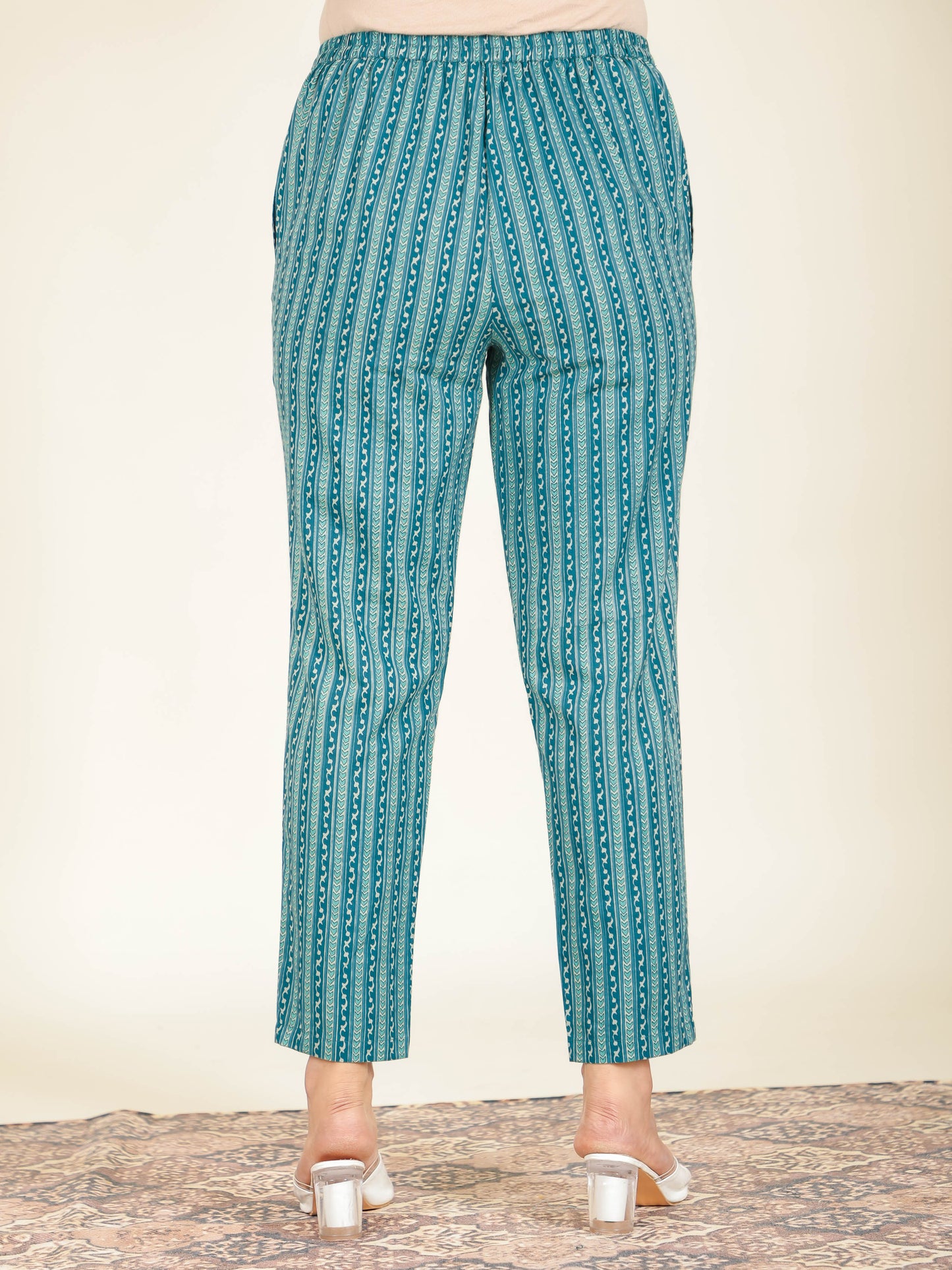 Soft Cotton Striped Teal Tapered Trousers