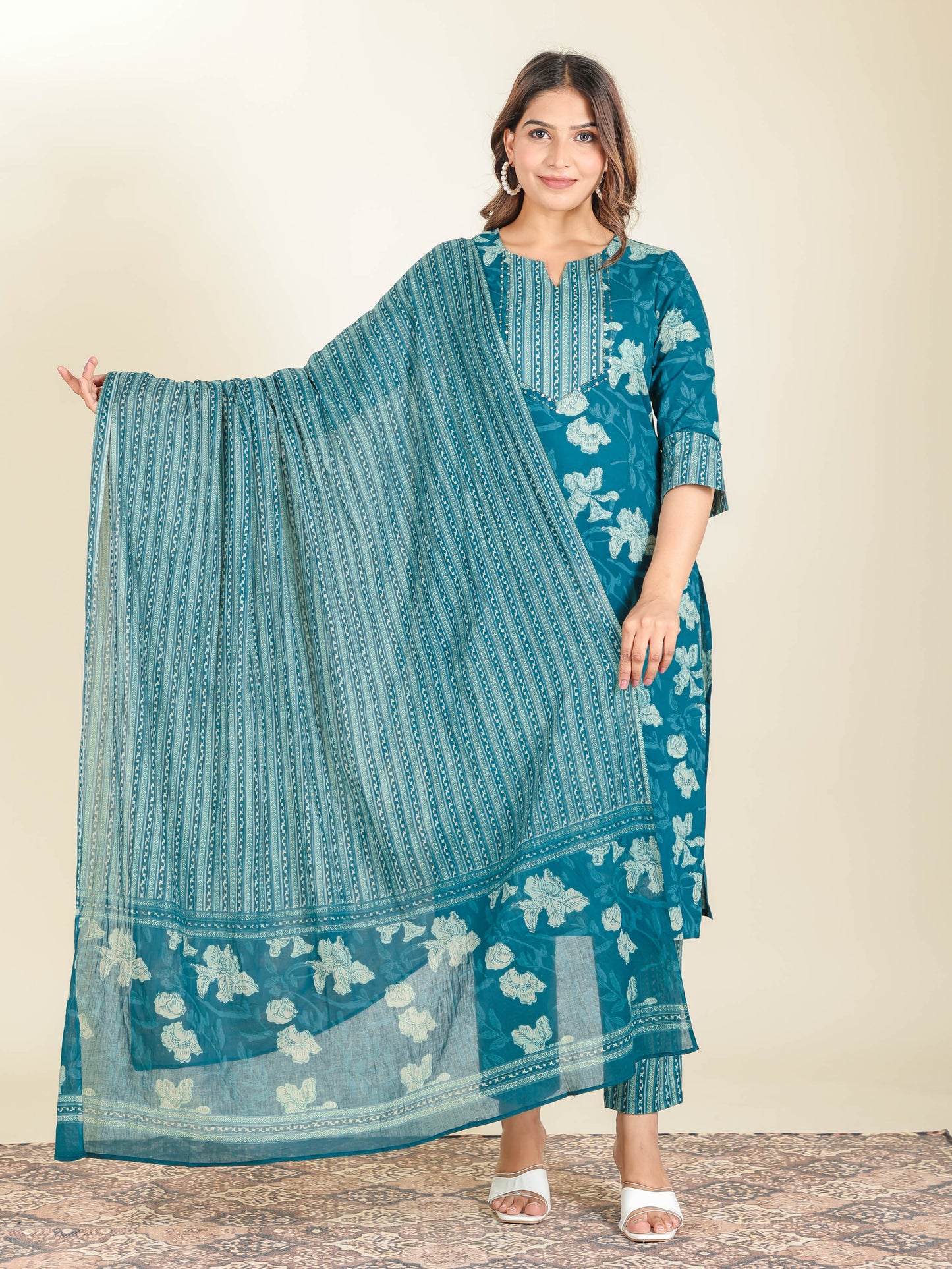 Soft Cotton Floral Straight Teal Kurta