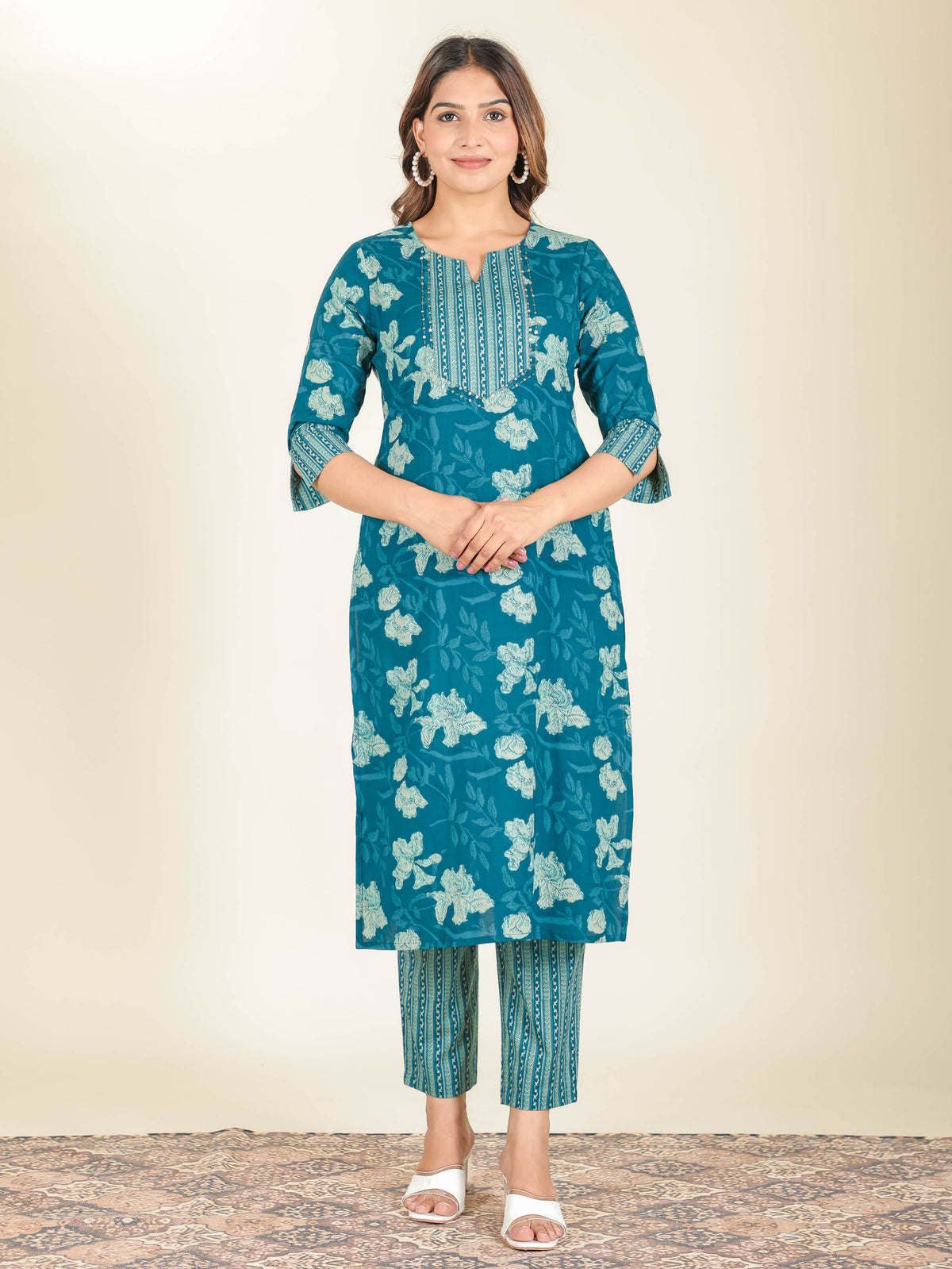 Soft Cotton Floral Straight Teal Kurta