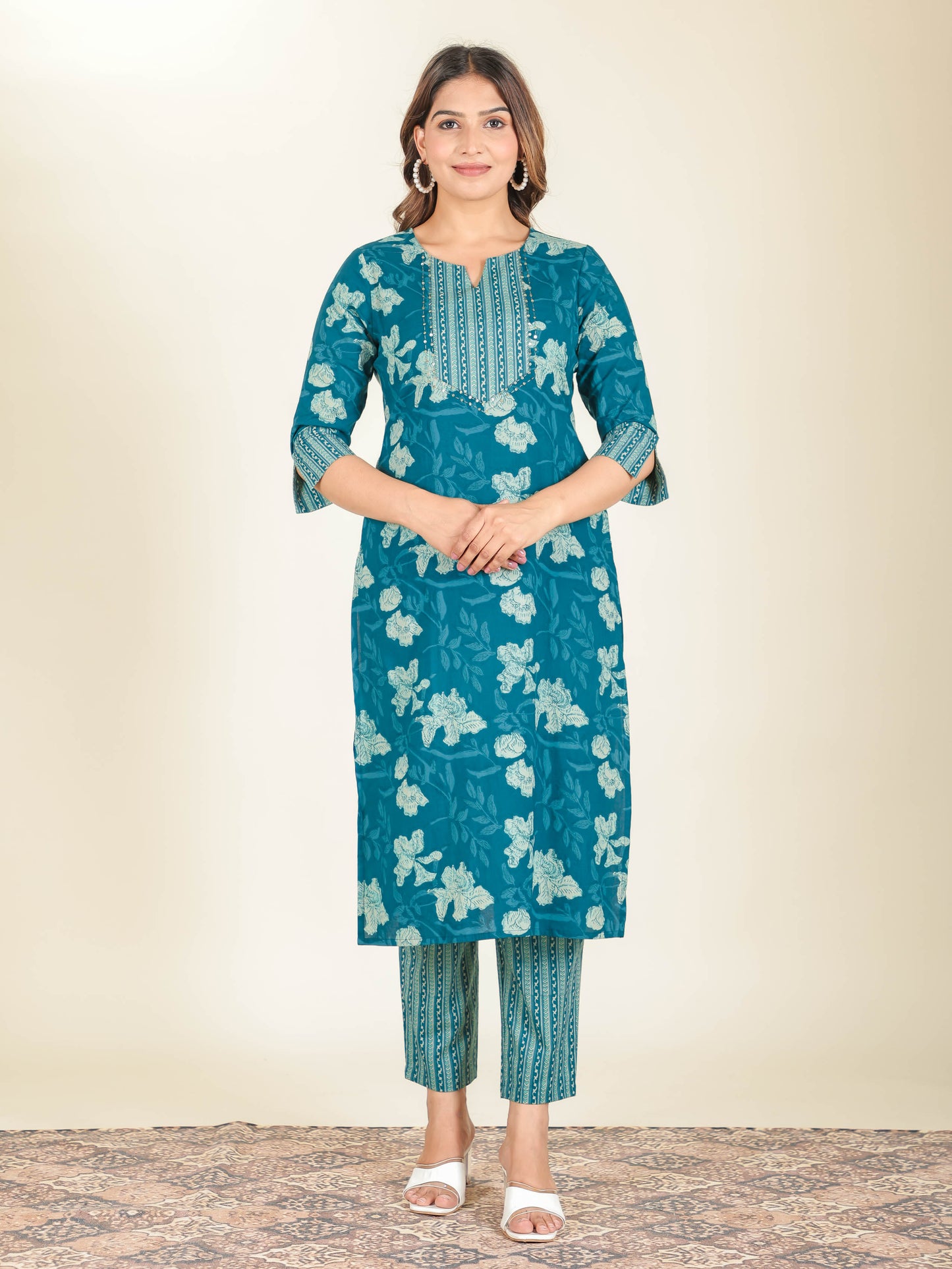 Soft Cotton Floral Straight Teal Kurta