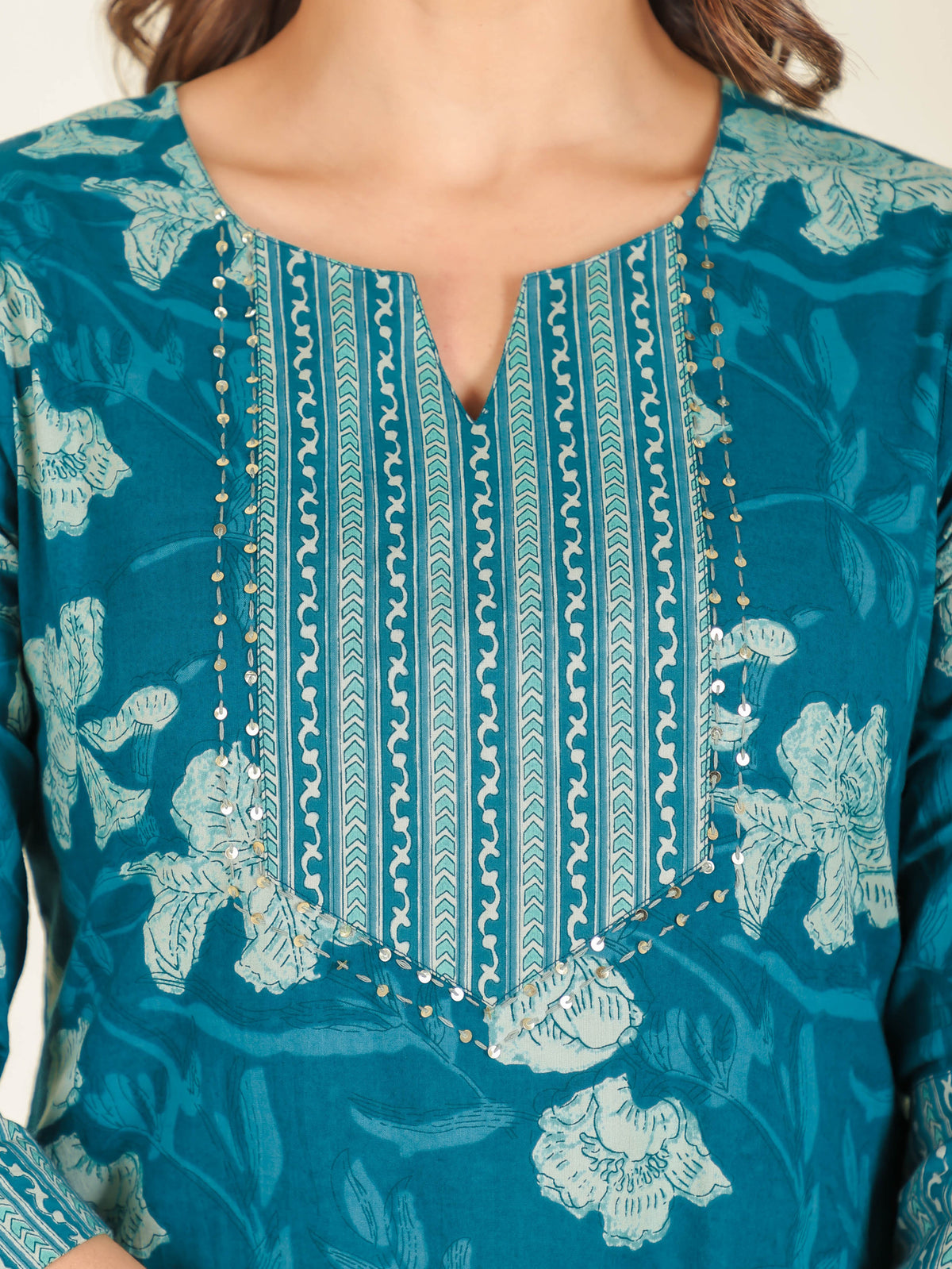 Soft Cotton Floral Straight Teal Kurta