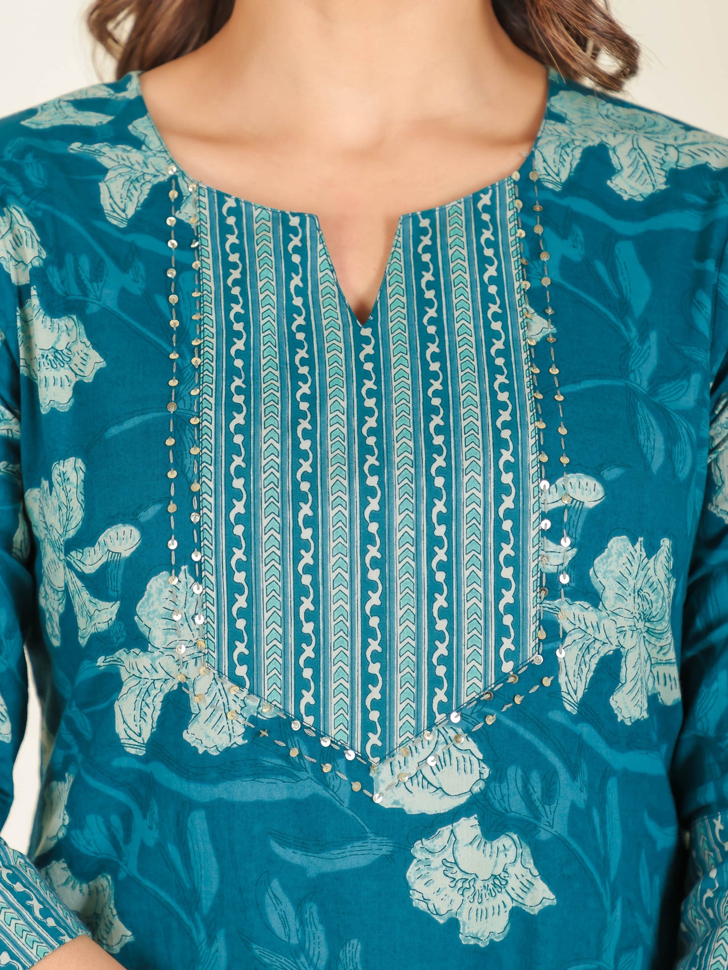 Soft Cotton Floral Straight Teal Kurta