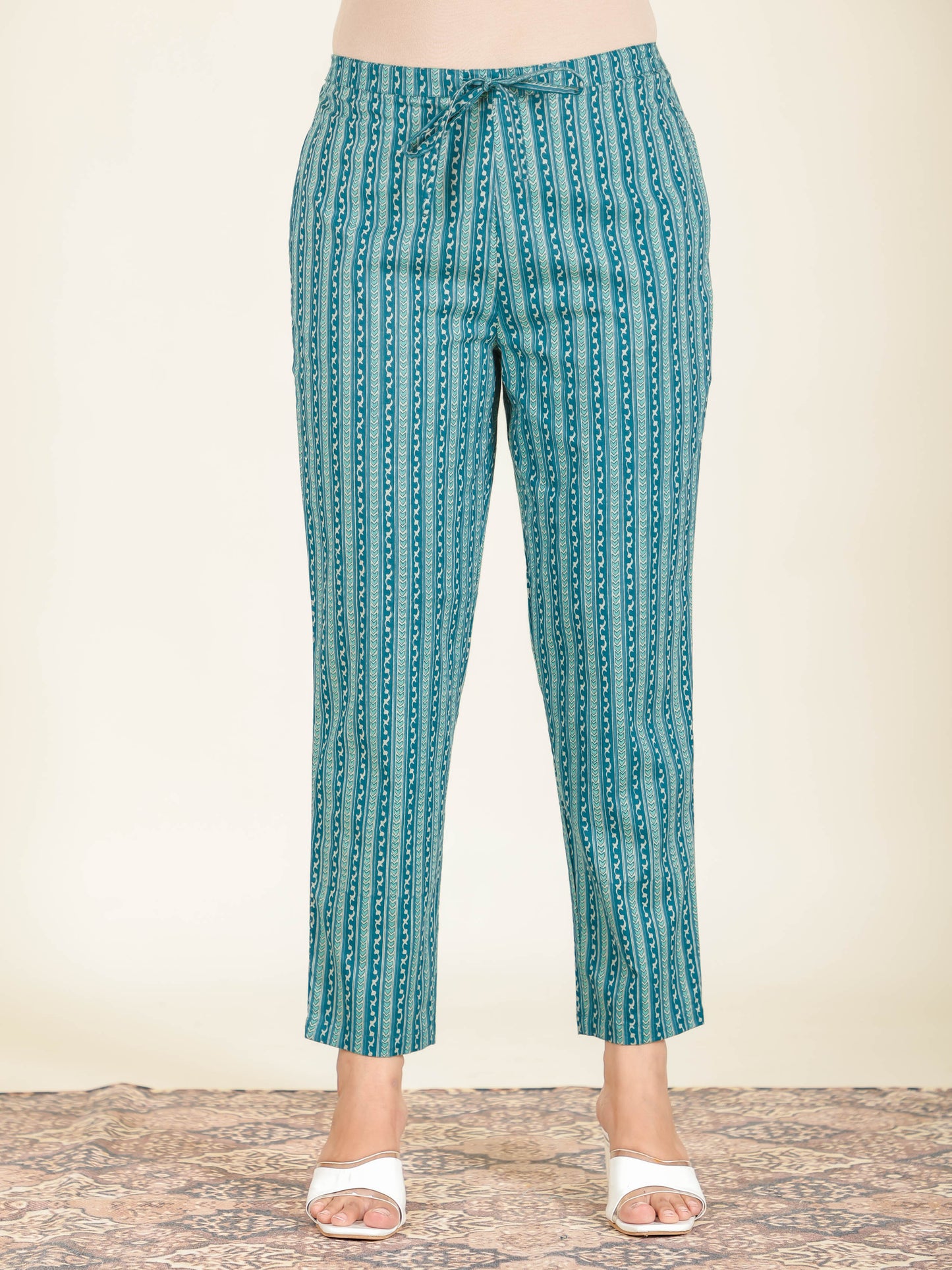 Soft Cotton Striped Teal Tapered Trousers