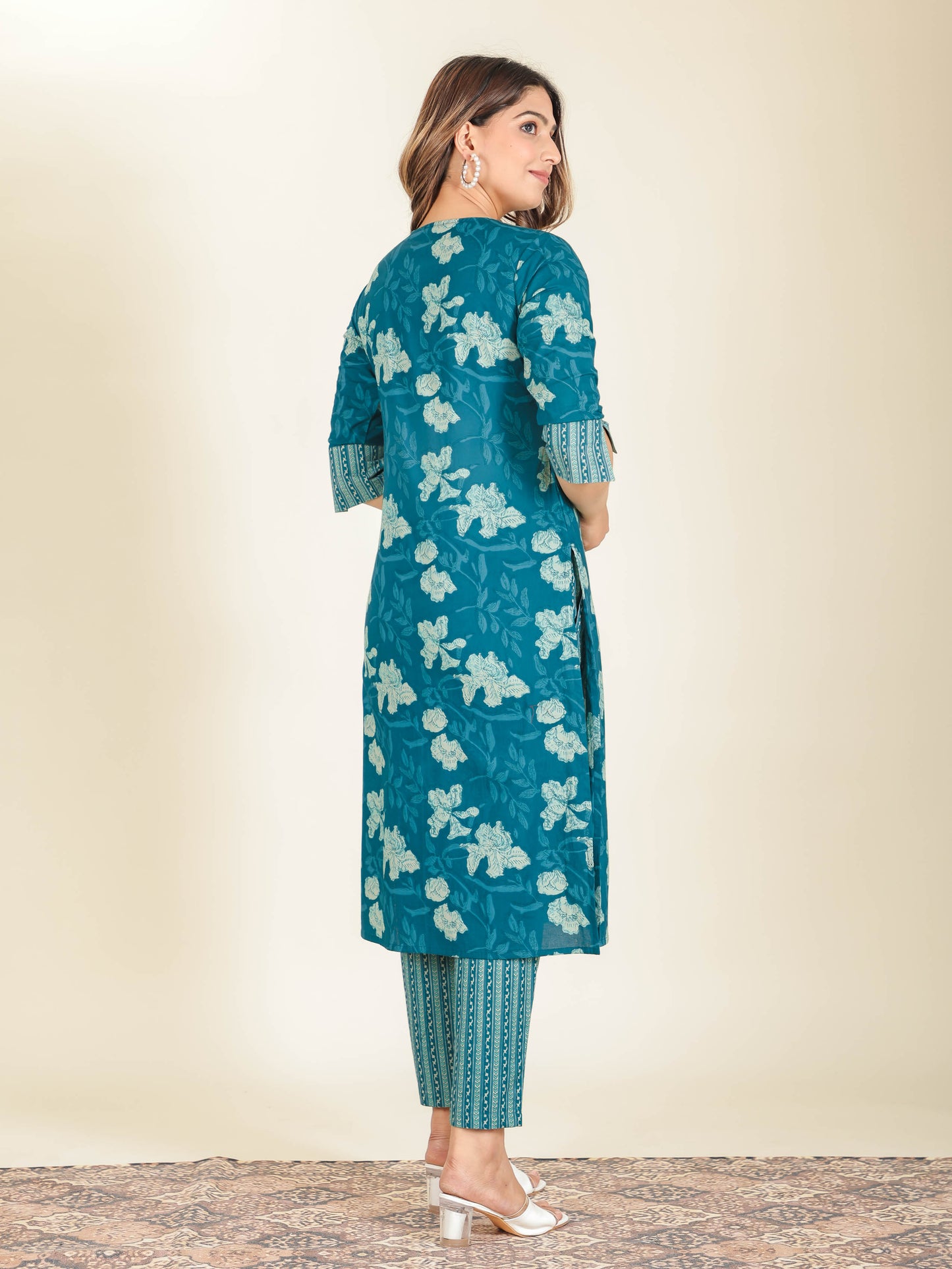 Soft Cotton Floral Straight Teal Kurta