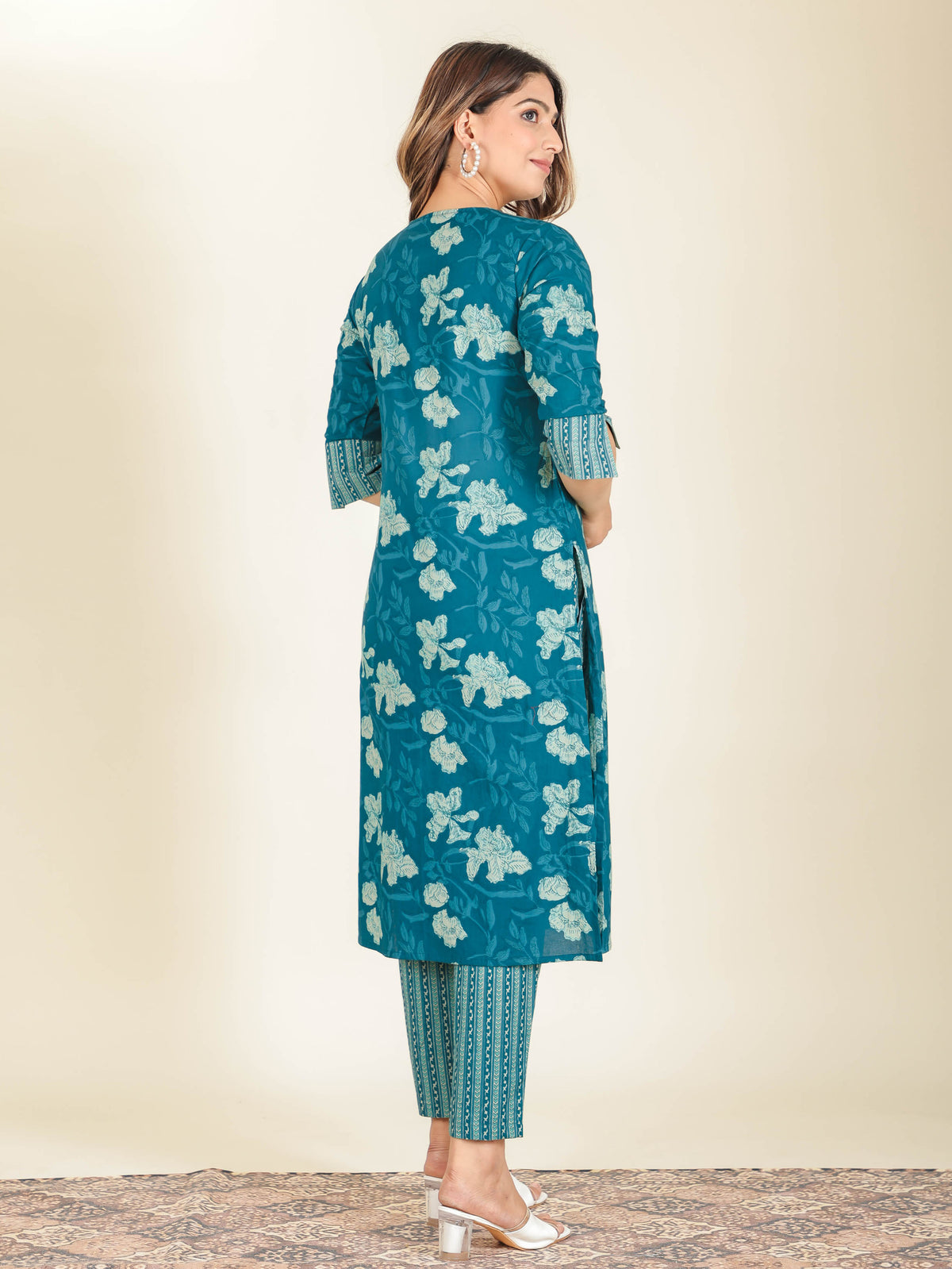 Soft Cotton Floral Straight Teal Kurta