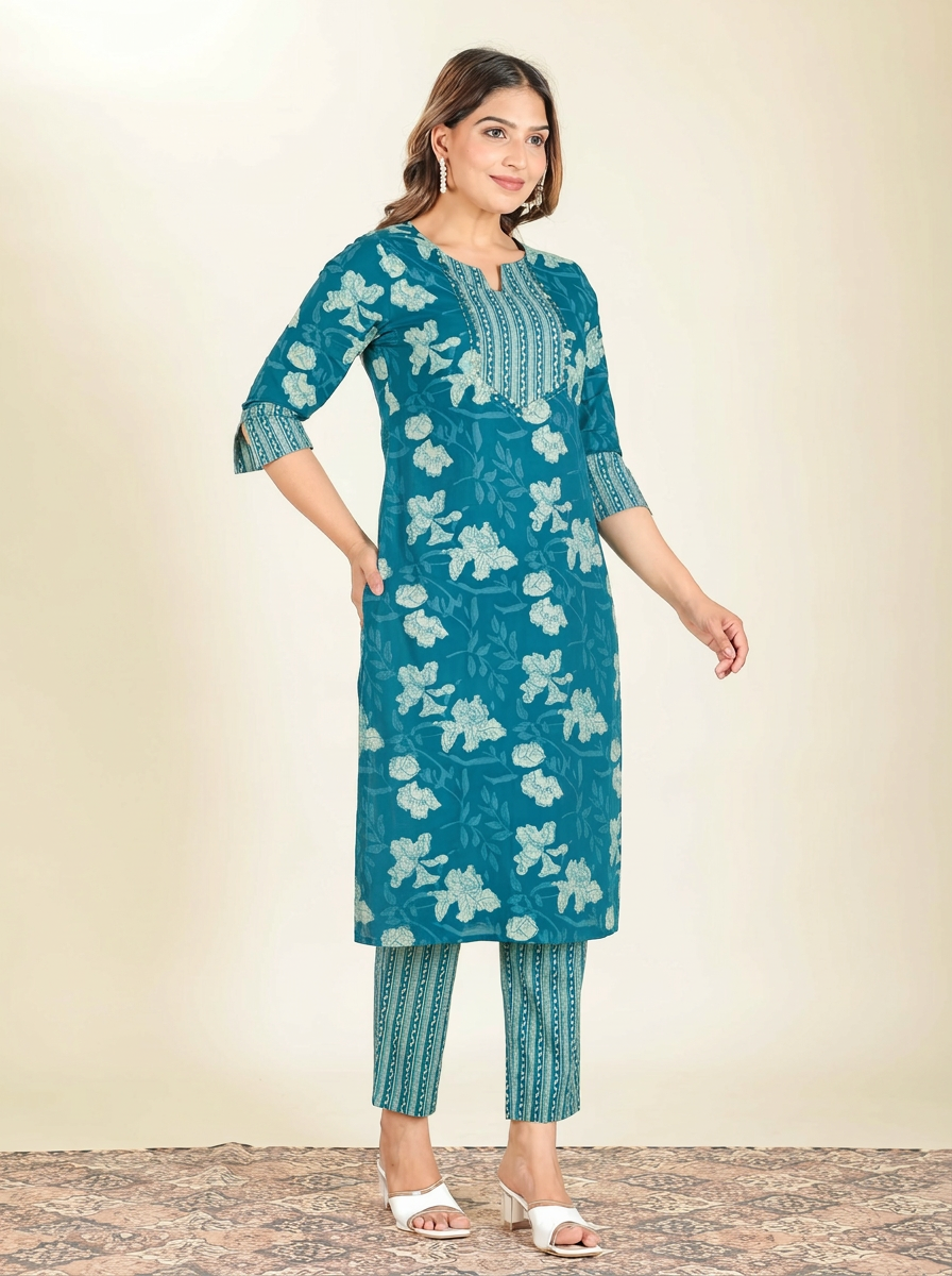 Soft Cotton Floral Straight Teal Kurta