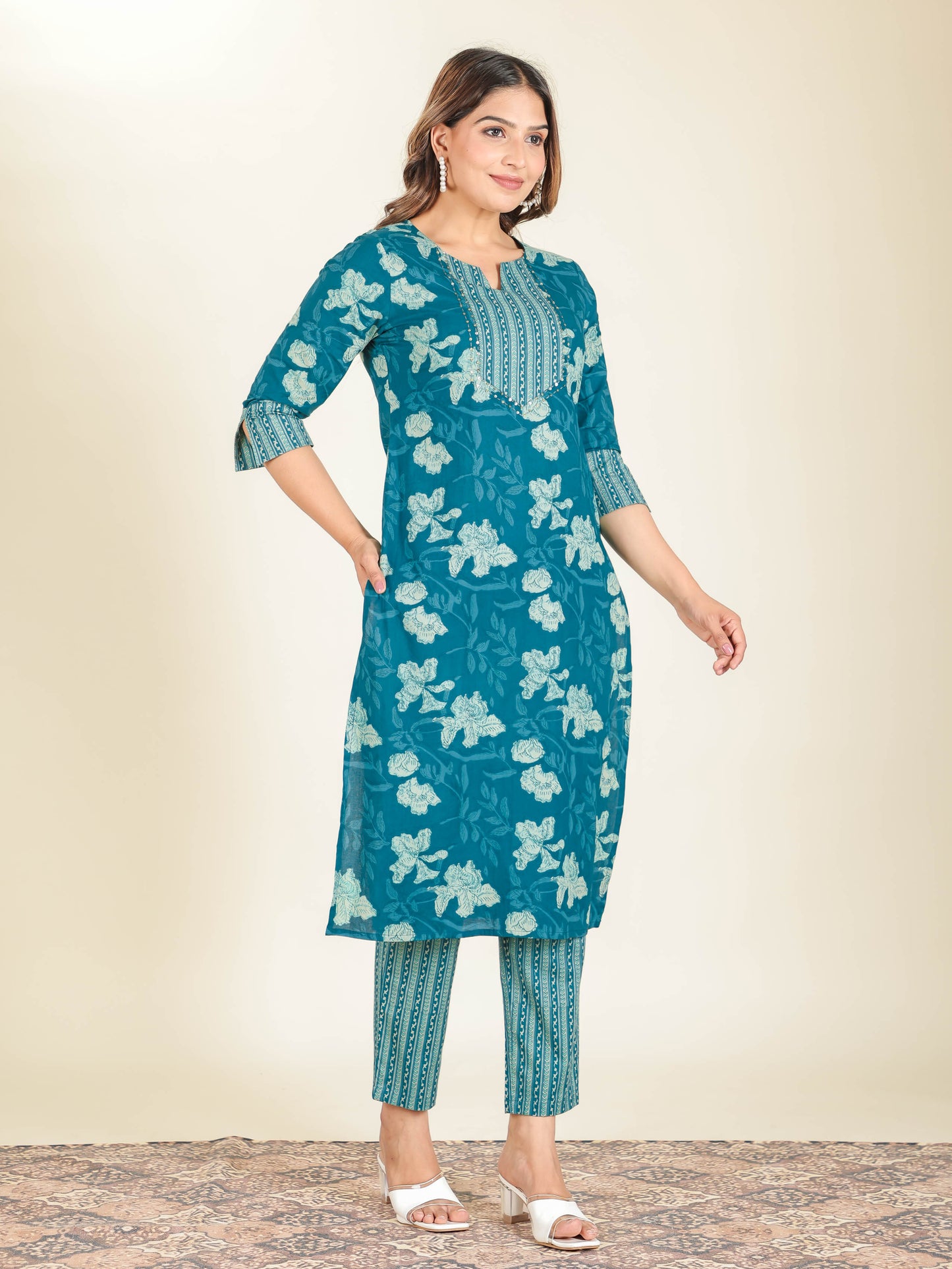 Soft Cotton Floral Straight Teal Kurta
