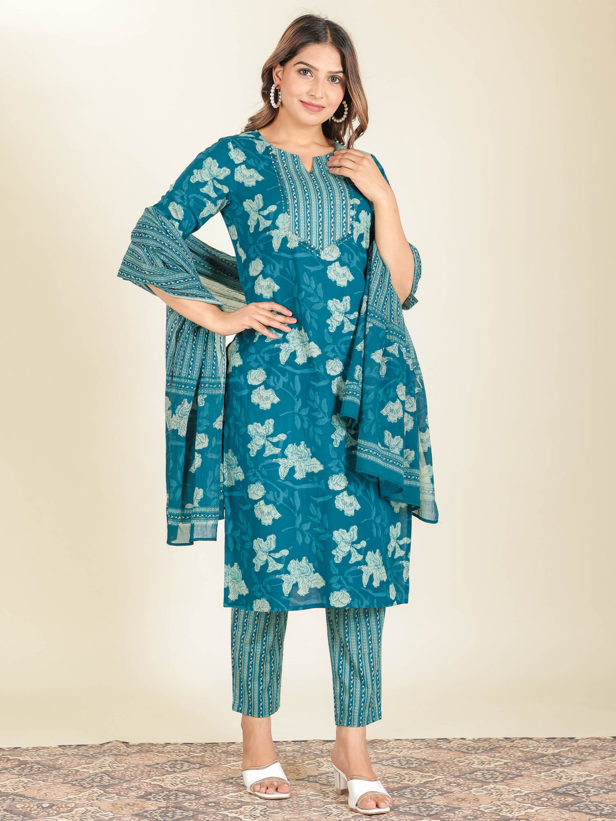 Soft Cotton Floral Straight Teal Kurta