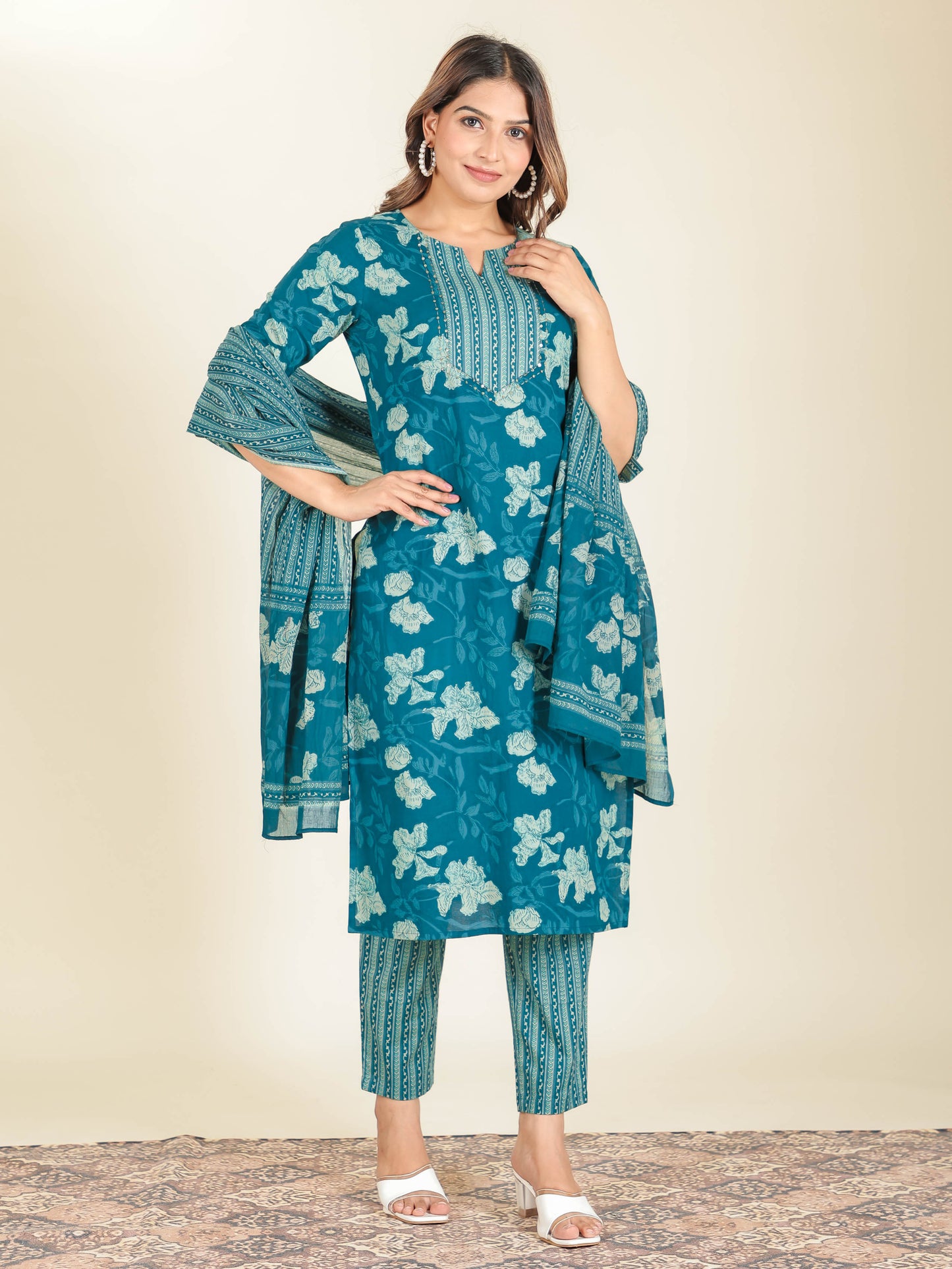 Soft Cotton Floral Straight Teal Kurta