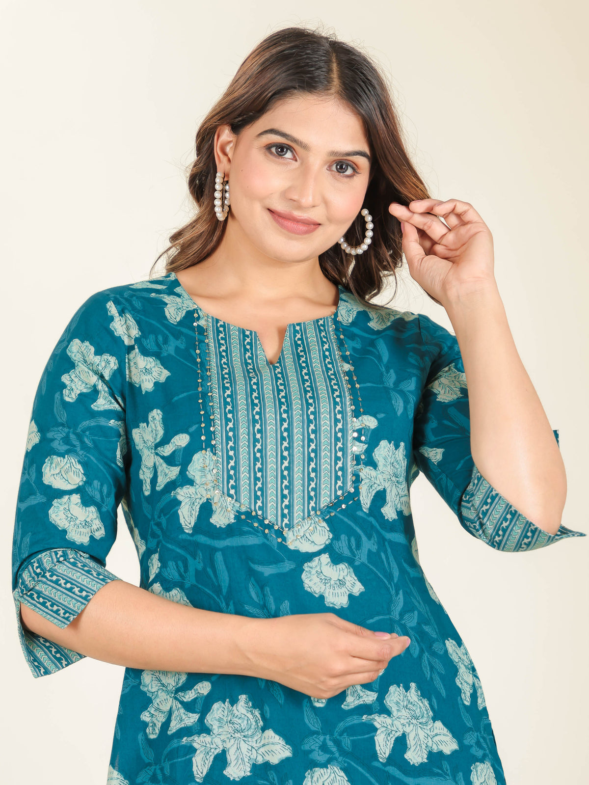 Soft Cotton Floral Straight Teal Kurta