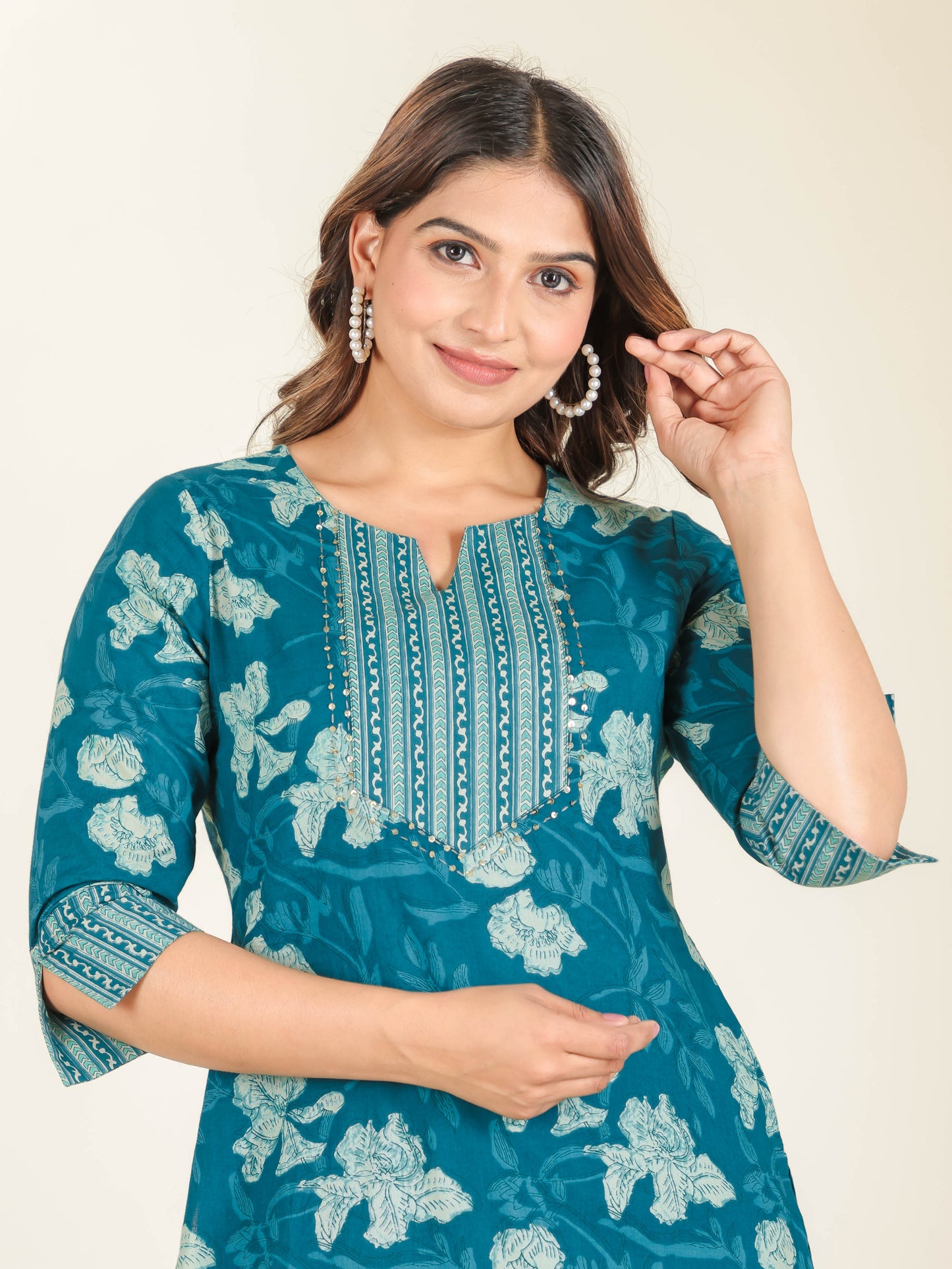 Soft Cotton Floral Straight Teal Kurta