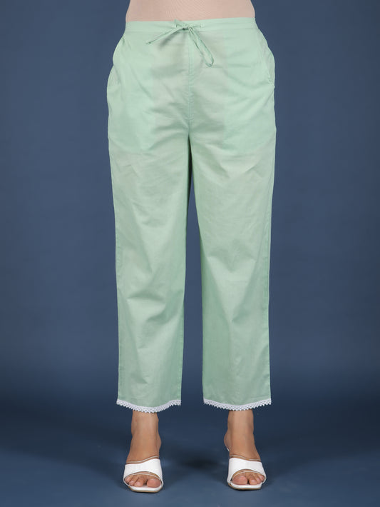 Soft Cotton Solid Green Straight Trousers