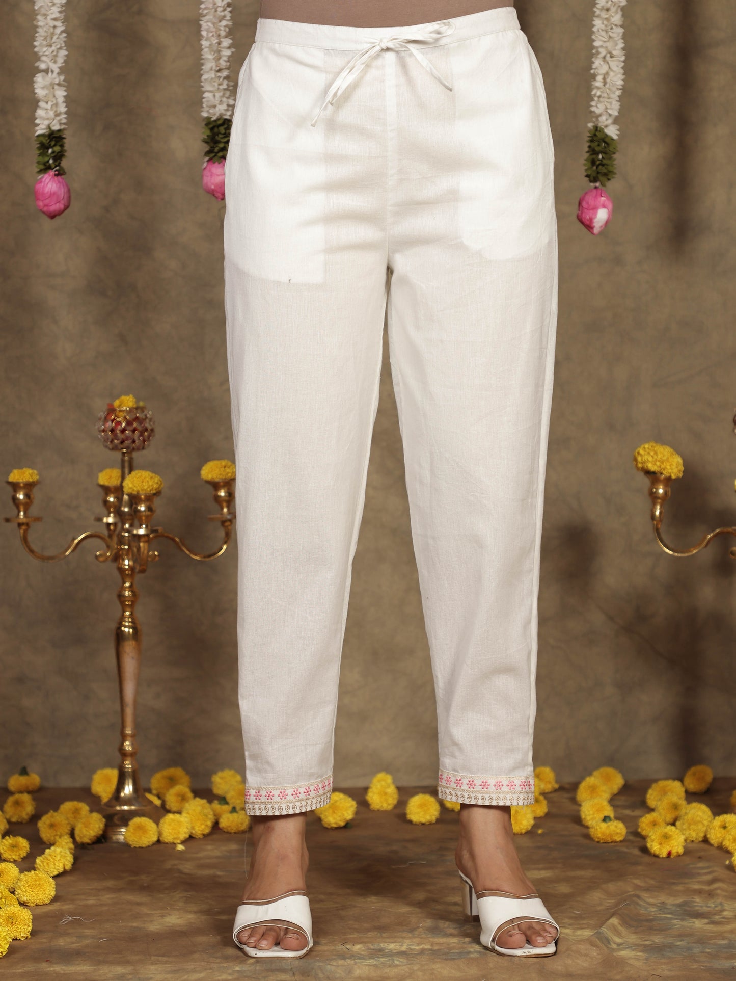 Embroidered Natural Cotton Solid Off White Tapered Trousers