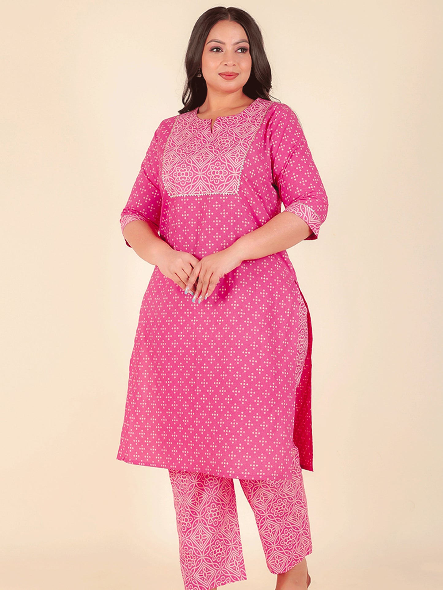 Soft Cotton Bandhani Straight Pink Kurta