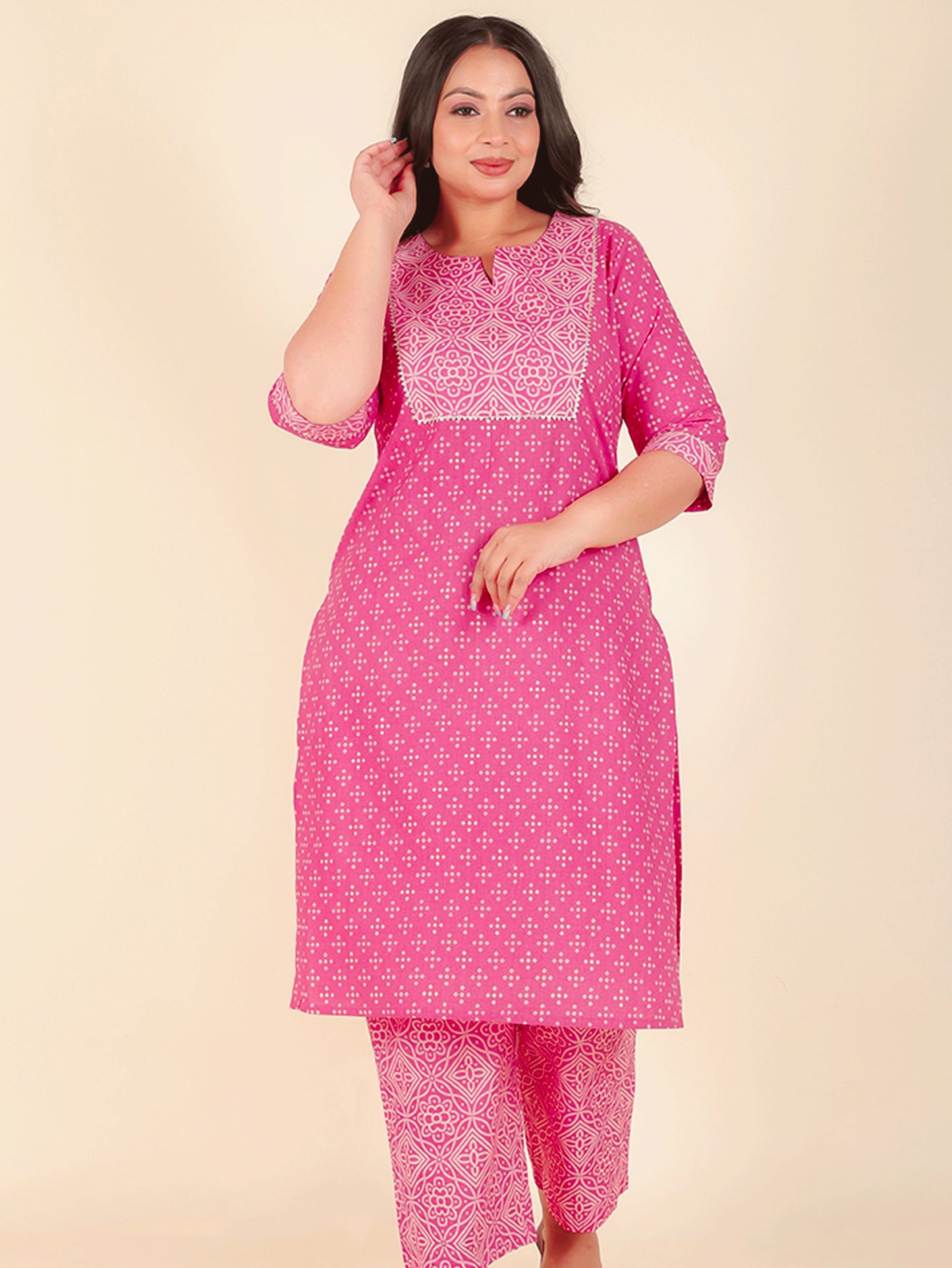 Soft Cotton Bandhani Straight Pink Kurta