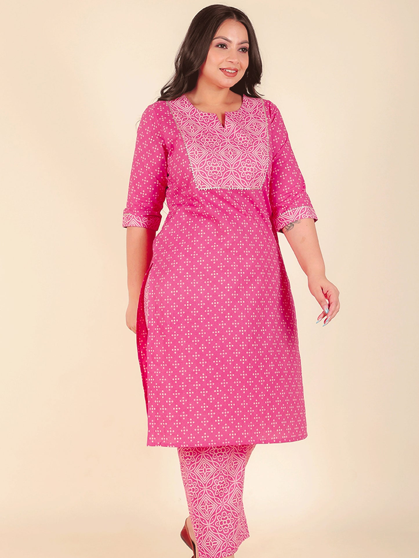 Soft Cotton Bandhani Straight Pink Kurta
