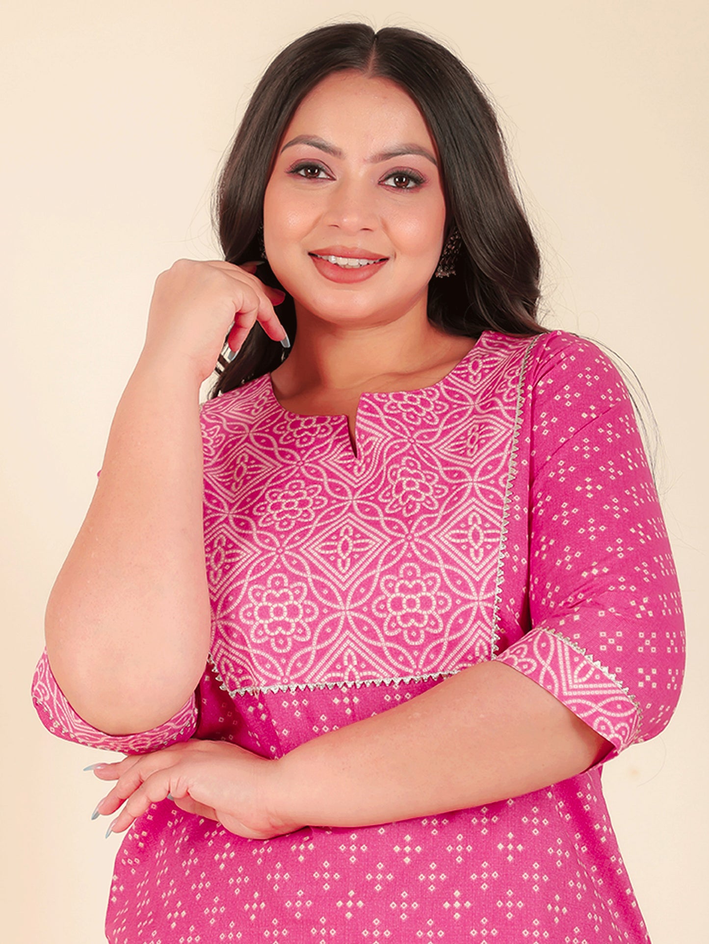 Soft Cotton Bandhani Straight Pink Kurta