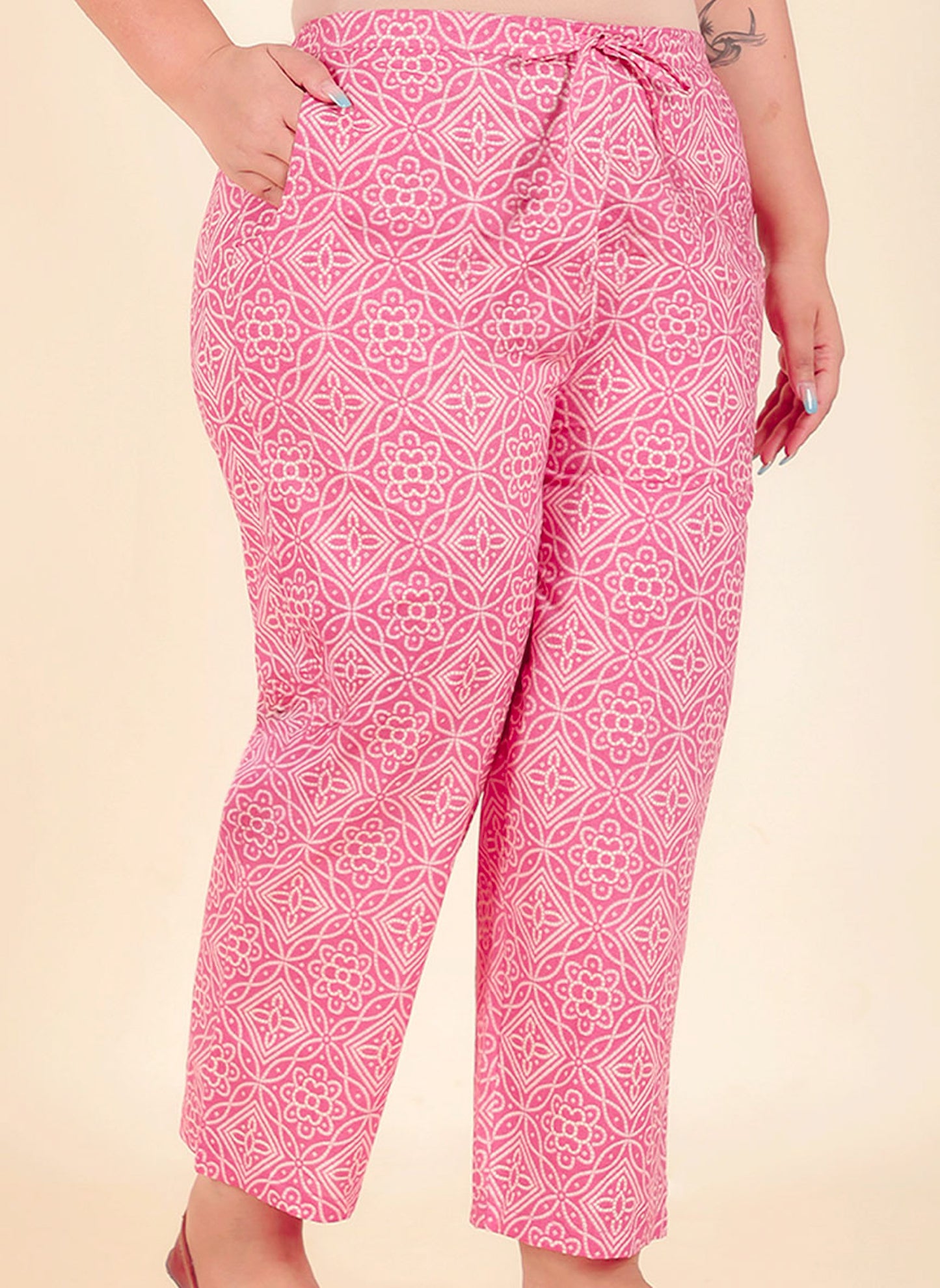 Soft Cotton Bandhani Pink Straight Trousers
