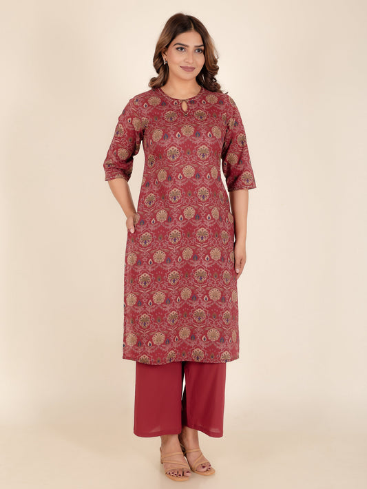 Soft Cotton Floral Straight Maroon Kurta