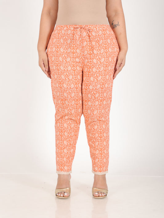 Soft Cotton Floral Orange Tapered Trousers