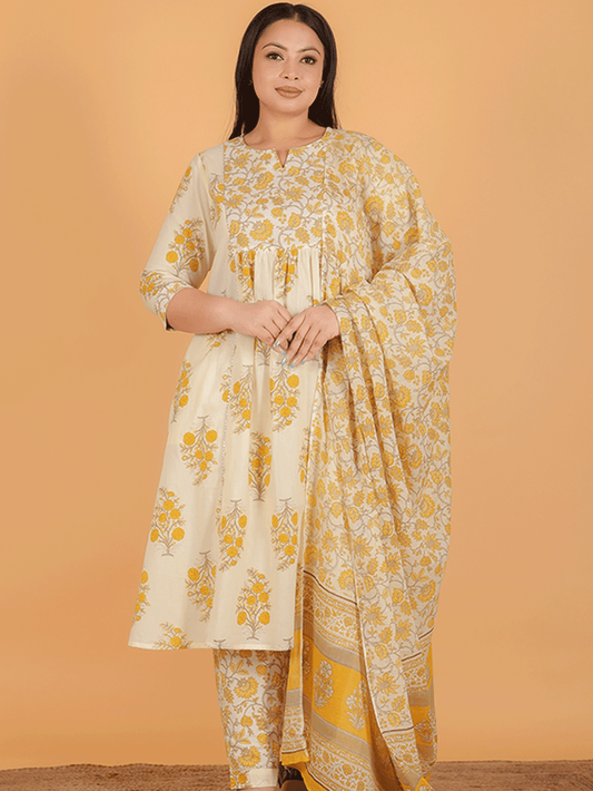 Soft Cotton Block Panelled Off-White Kurta