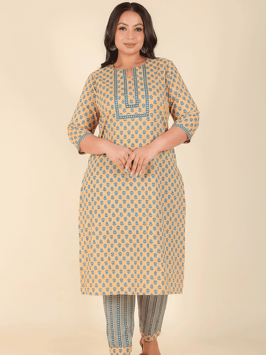 Soft Cotton Block Straight Beige Kurta