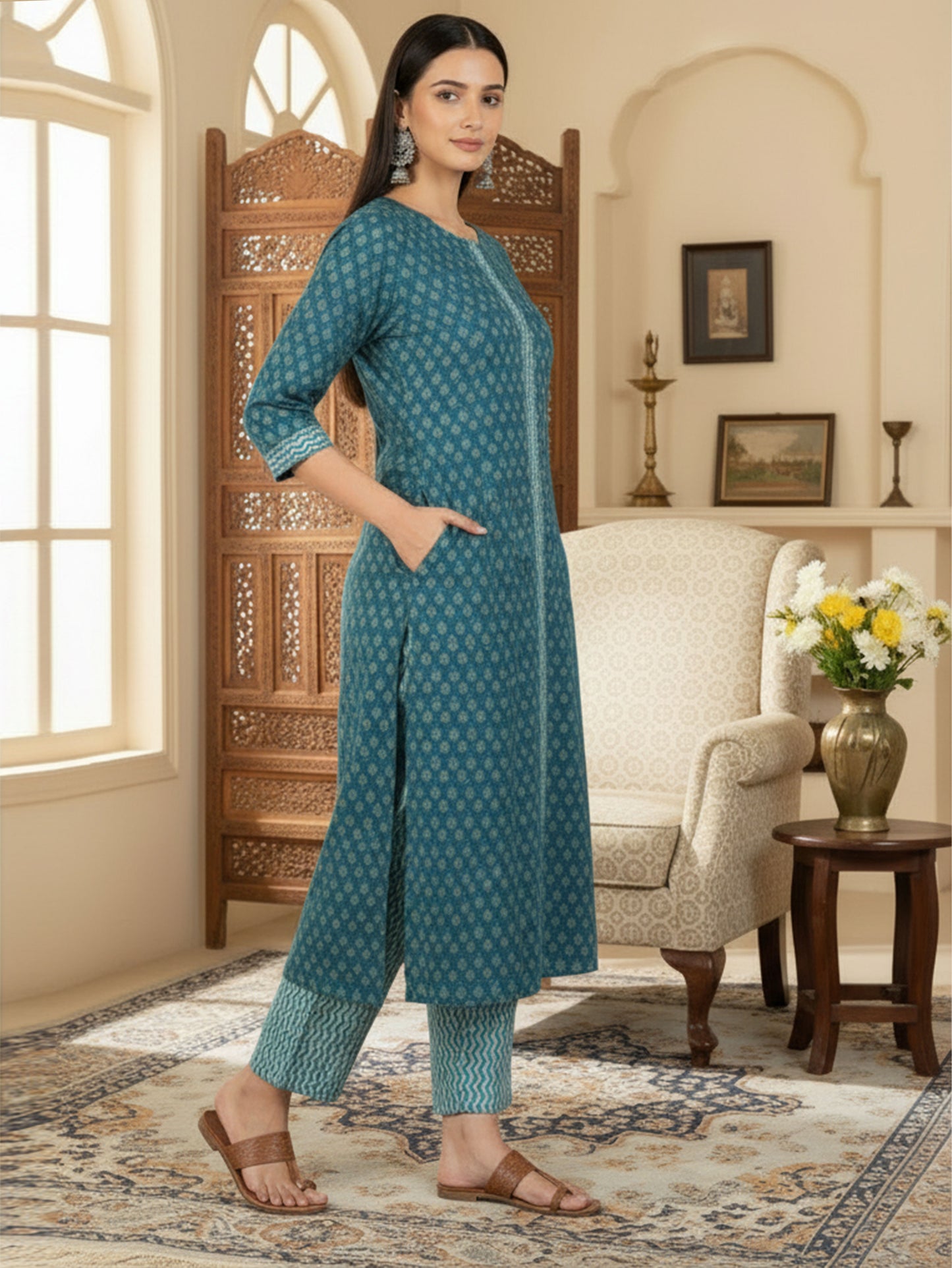 Embroidered Soft Cotton Block Print A-line Indigo blue Kurta