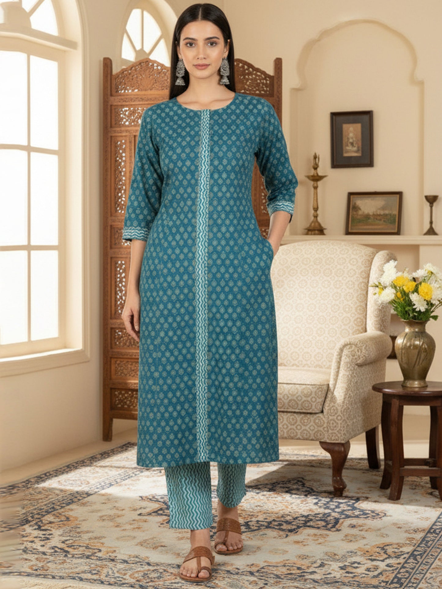 Embroidered Soft Cotton Block Print A-line Indigo blue Kurta