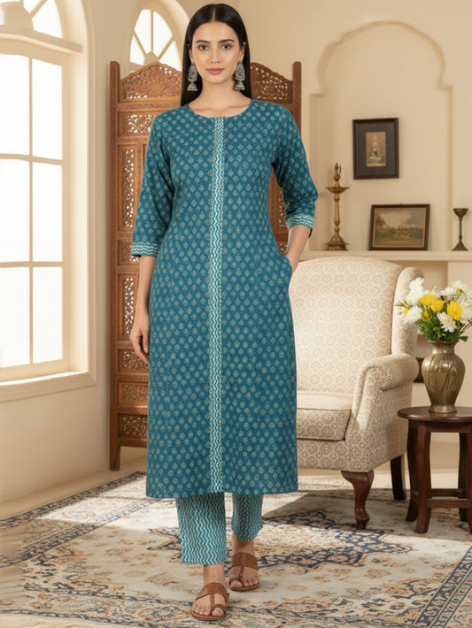 Embroidered Soft Cotton Block Print A-line Indigo blue Kurta
