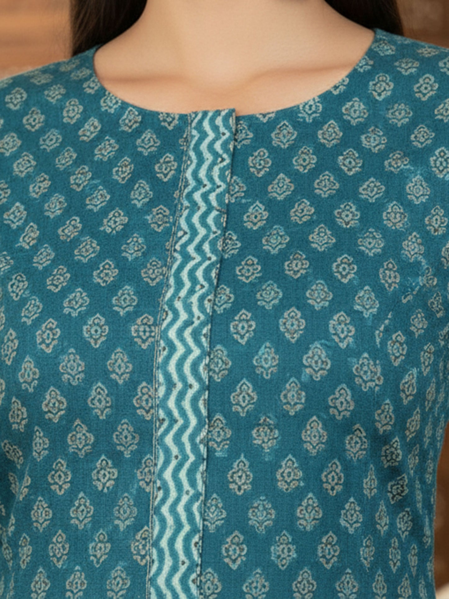 Embroidered Soft Cotton Block Print A-line Indigo blue Kurta