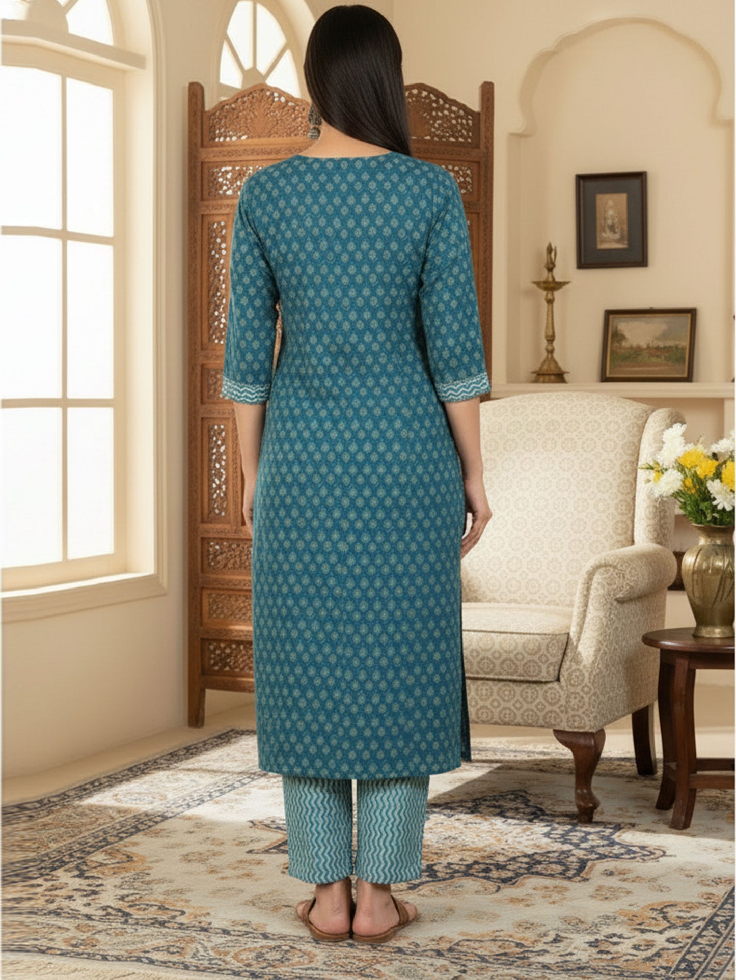 Embroidered Soft Cotton Block Print A-line Indigo blue Kurta