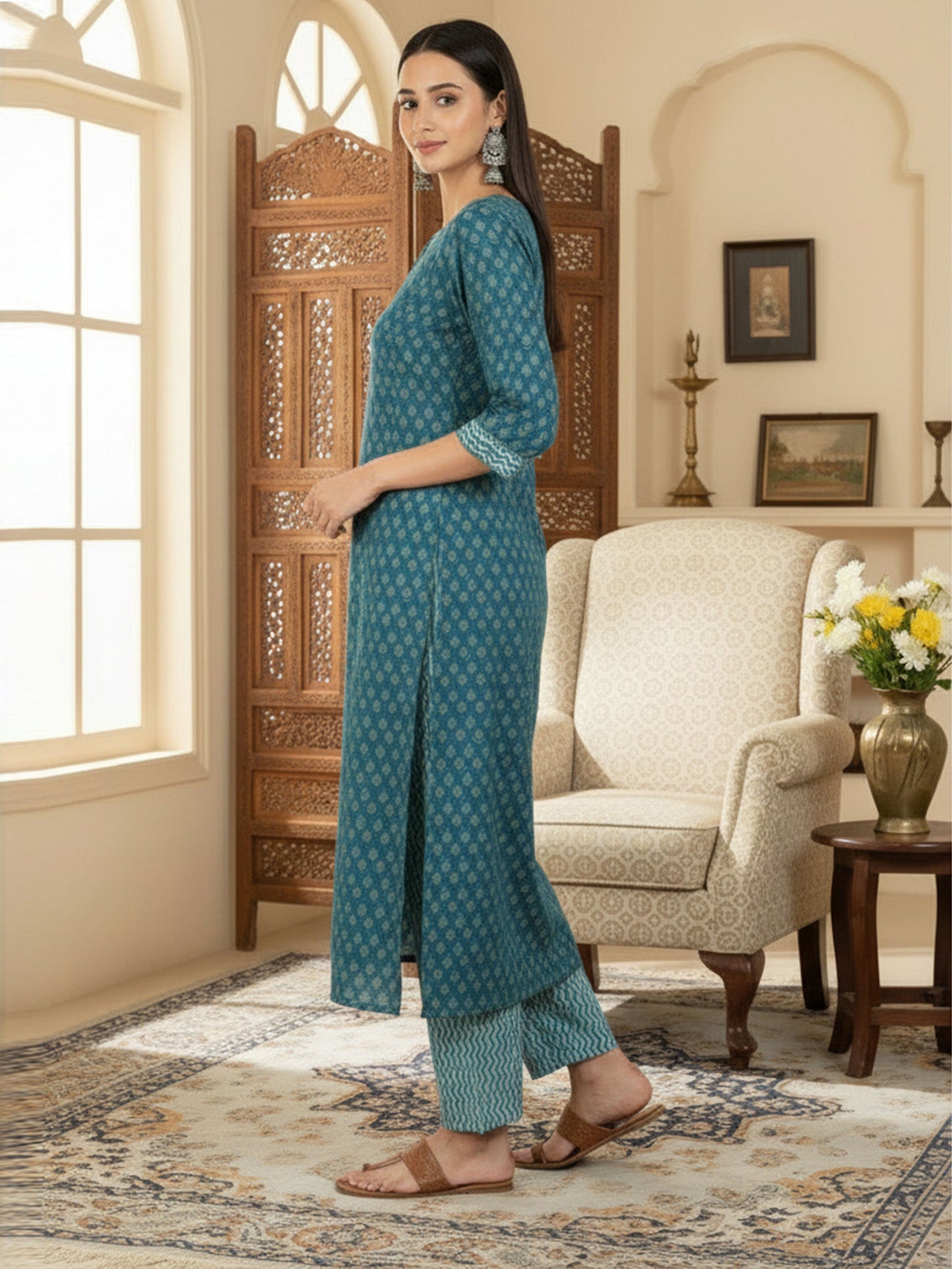 Embroidered Soft Cotton Block Print A-line Indigo blue Kurta