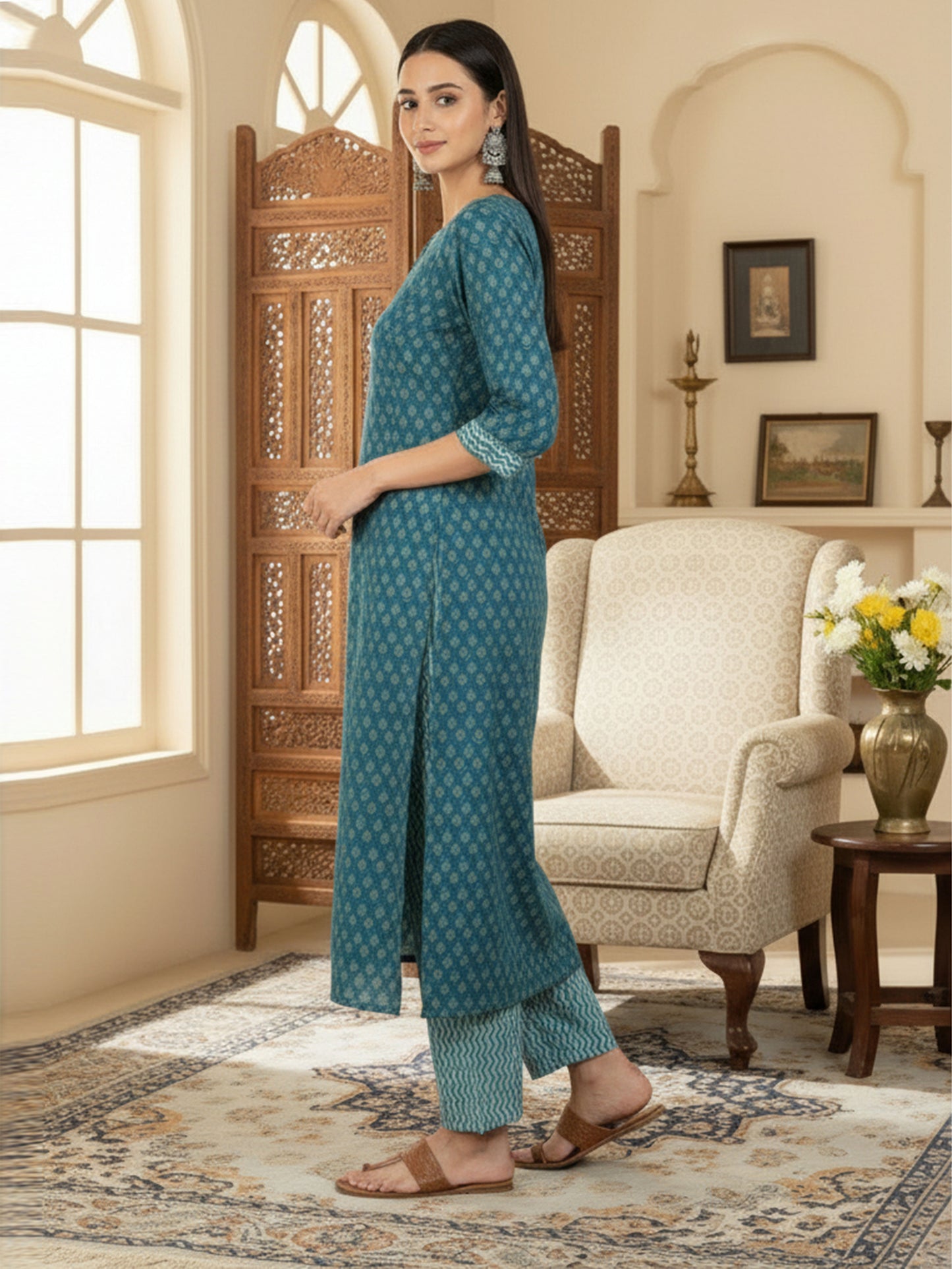 Embroidered Soft Cotton Block Print A-line Indigo blue Kurta