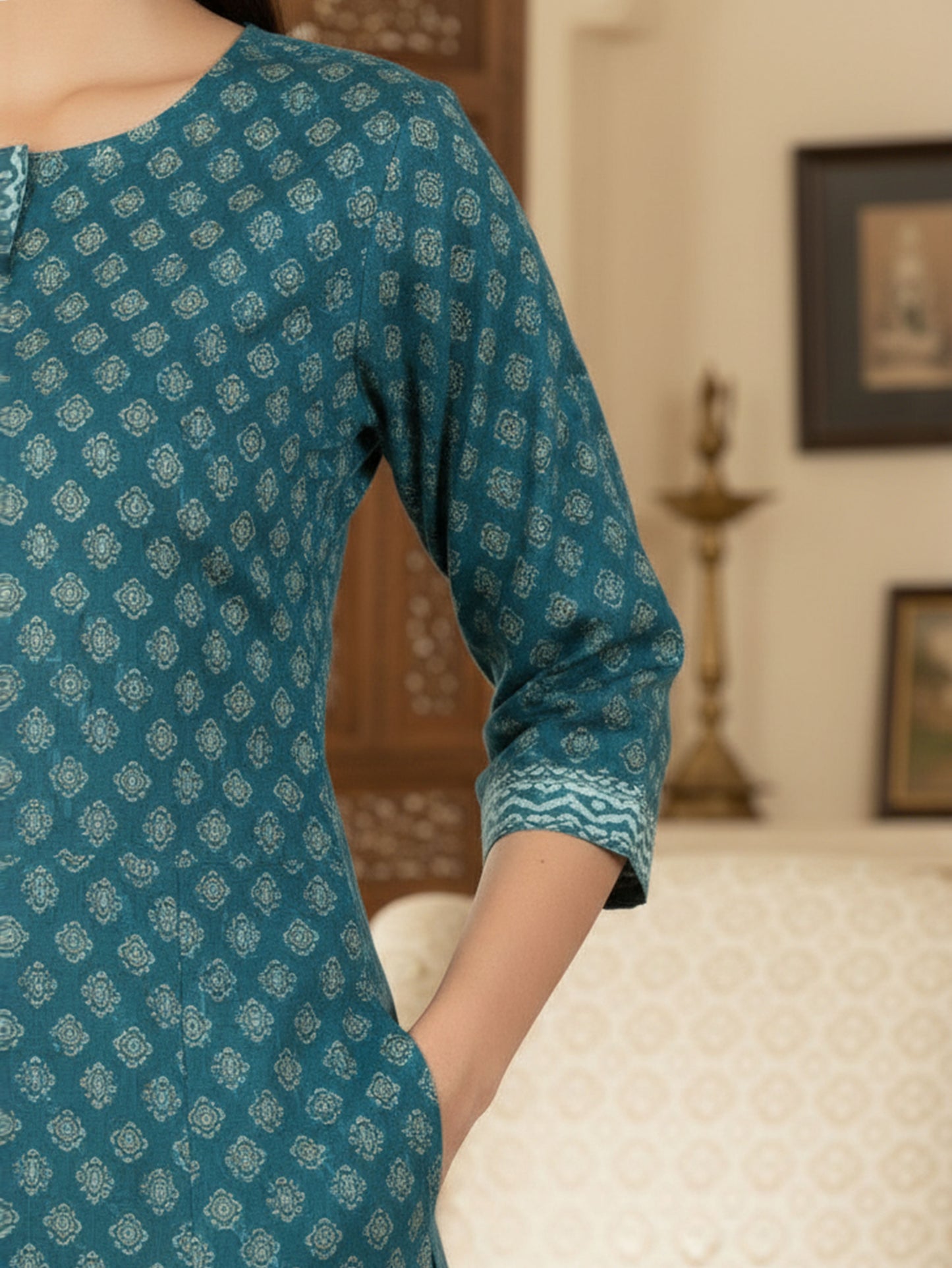 Embroidered Soft Cotton Block Print A-line Indigo blue Kurta