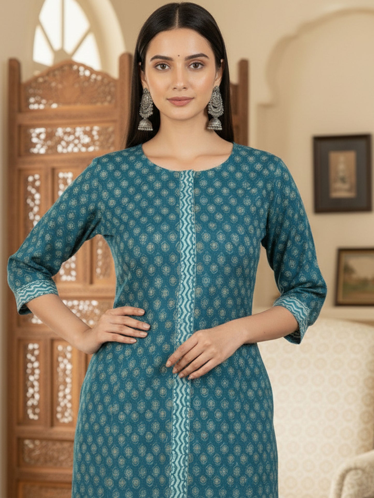 Embroidered Soft Cotton Block Print A-line Indigo blue Kurta