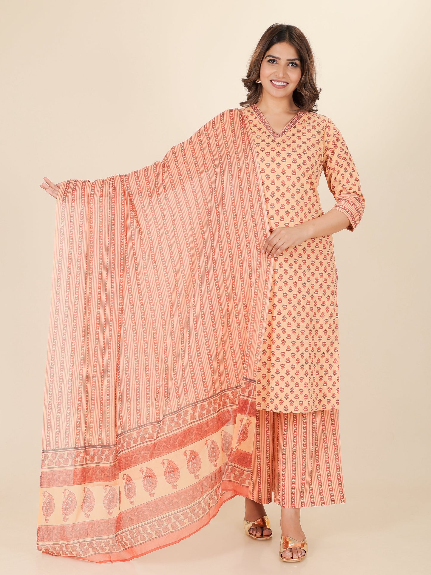 Embroidered Soft Cotton Butti A-line Rust Kurta
