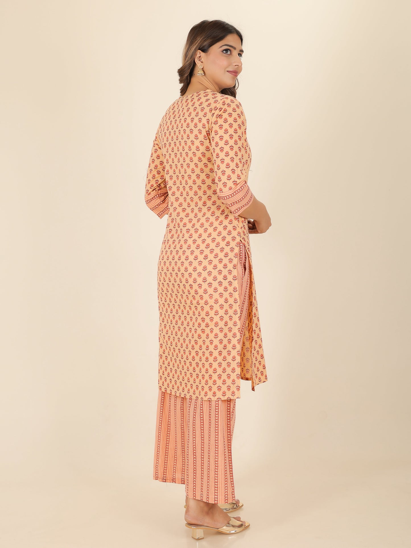Soft Cotton Block Straight Beige Kurta