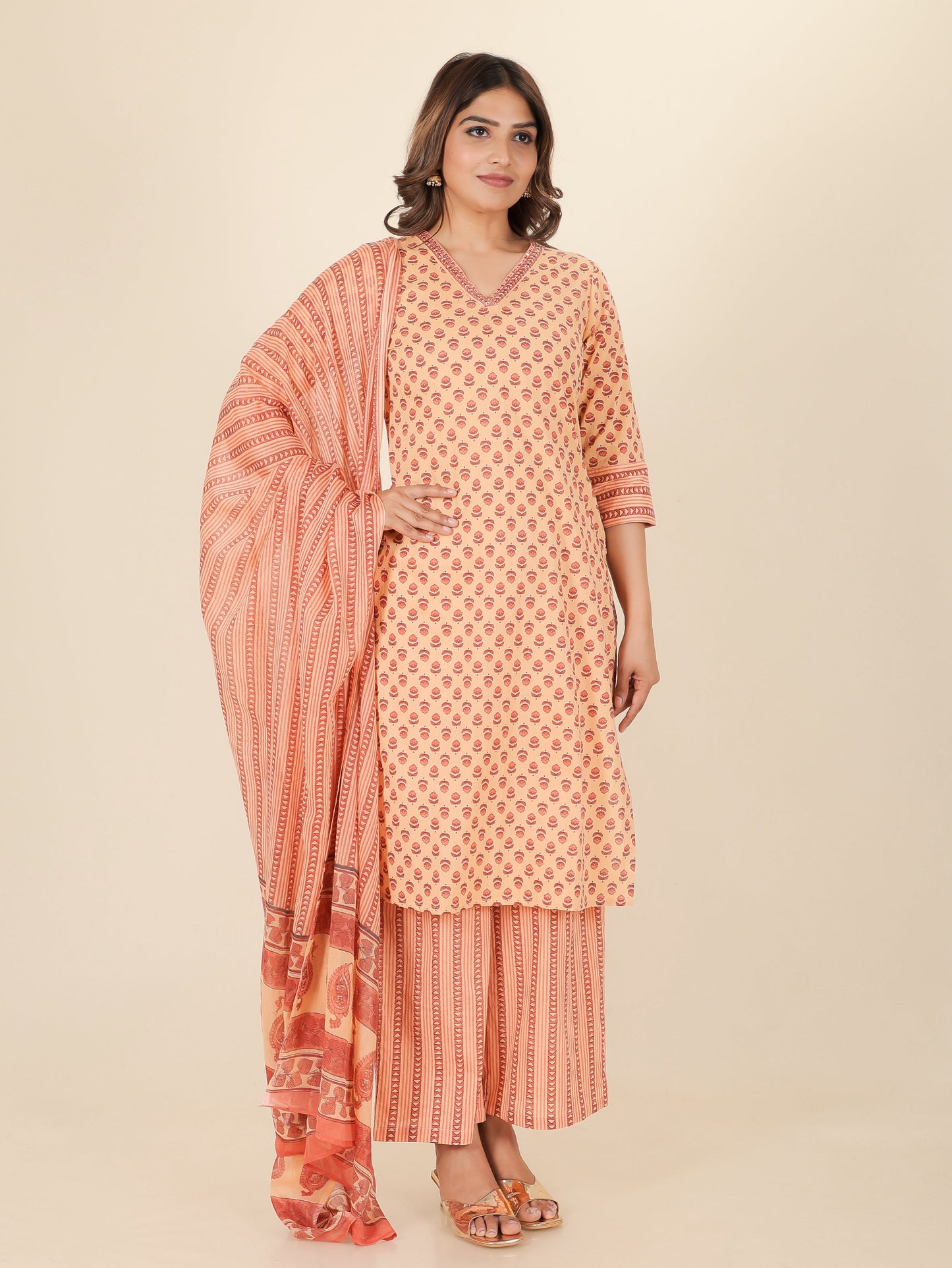 Embroidered Soft Cotton Butti A-line Rust Kurta