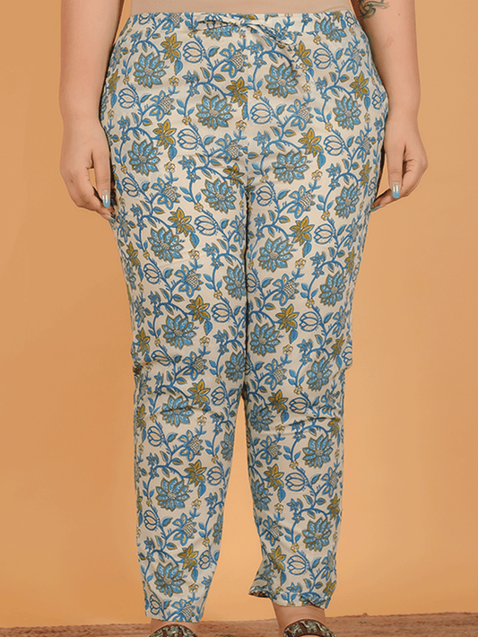 Soft Cotton Floral Off-White Tapered Trousers