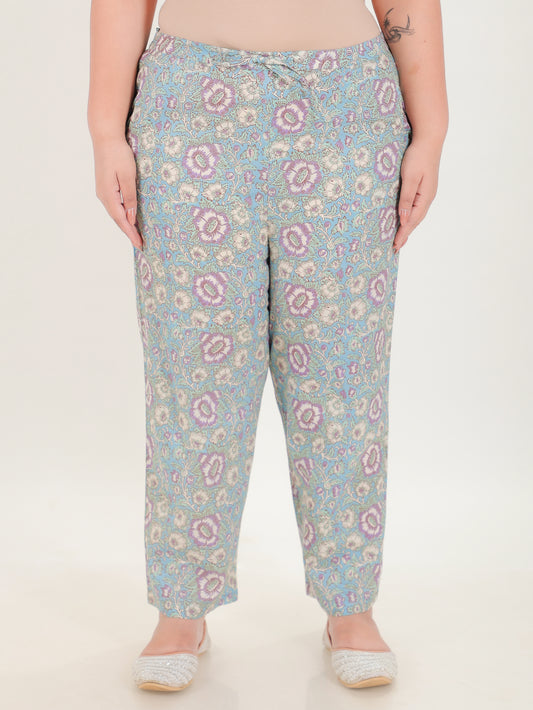 Soft Cotton Floral Blue Straight Trousers