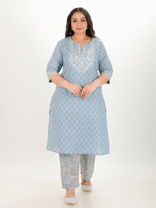 Soft Cotton Block Straight Blue Kurta