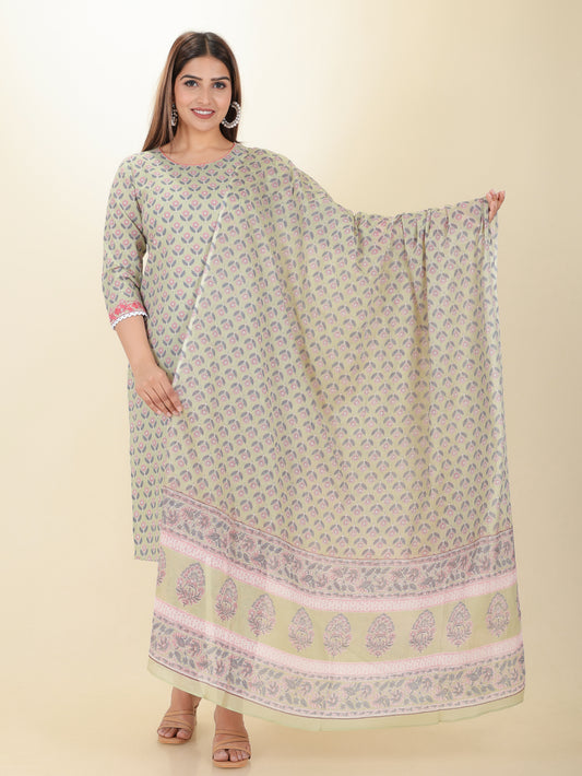 Soft Cotton Block Straight Green Kurta