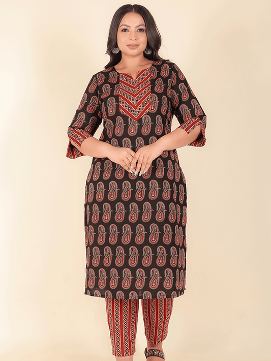Soft Cotton Paisley Straight Black Kurta