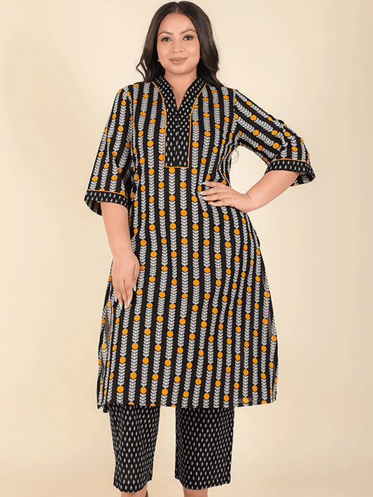 Soft Cotton Floral Straight Black Kurta