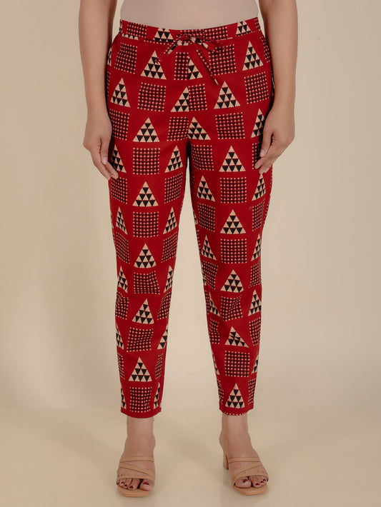 Soft Cotton Geometric Brown Tapered Trousers