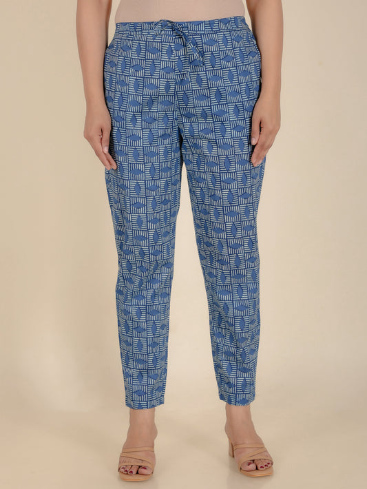 Soft Cotton Geometric Blue Tapered Trousers